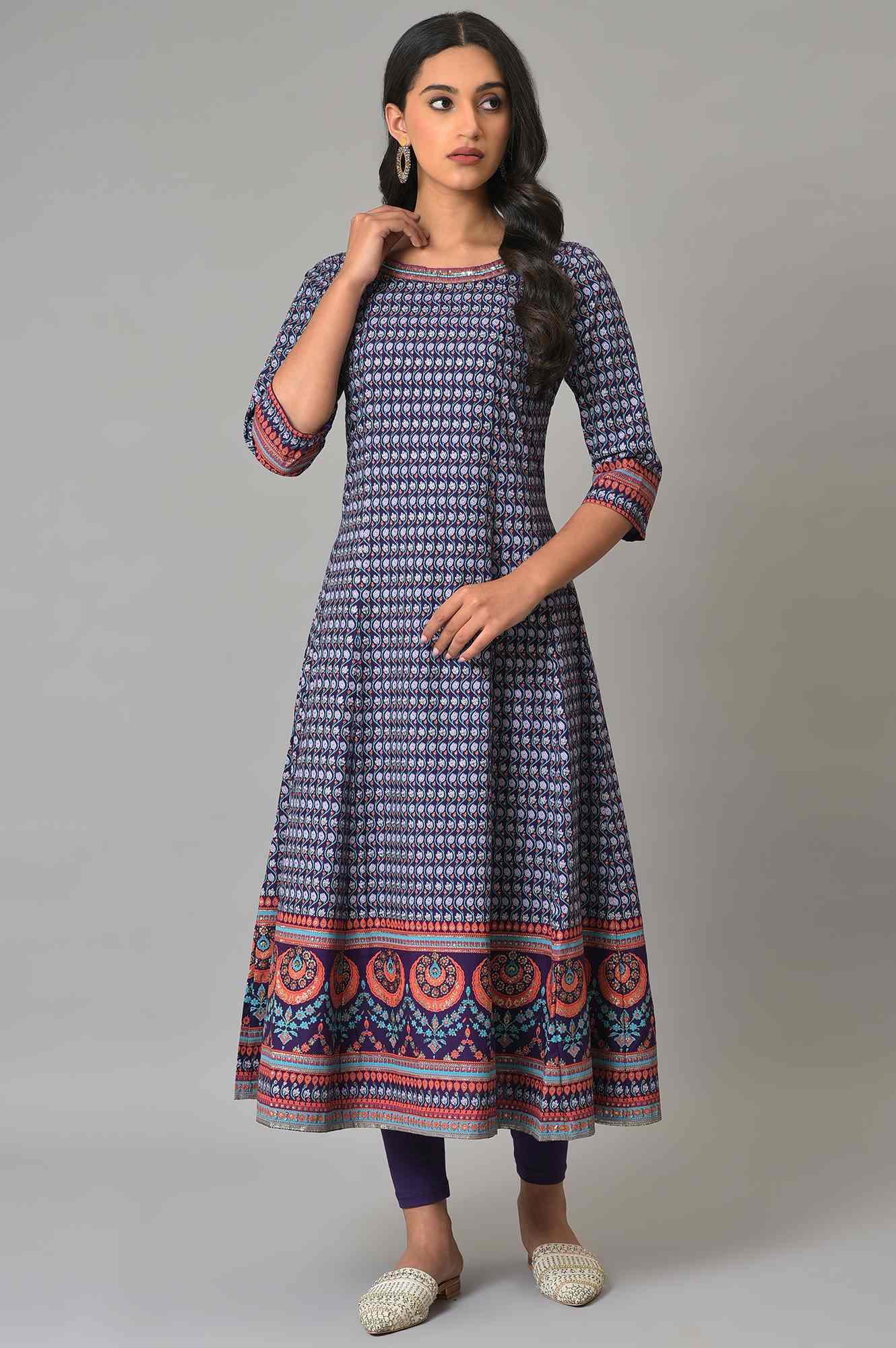 Purple Printed Kalidar kurta With Tights - Image 8
