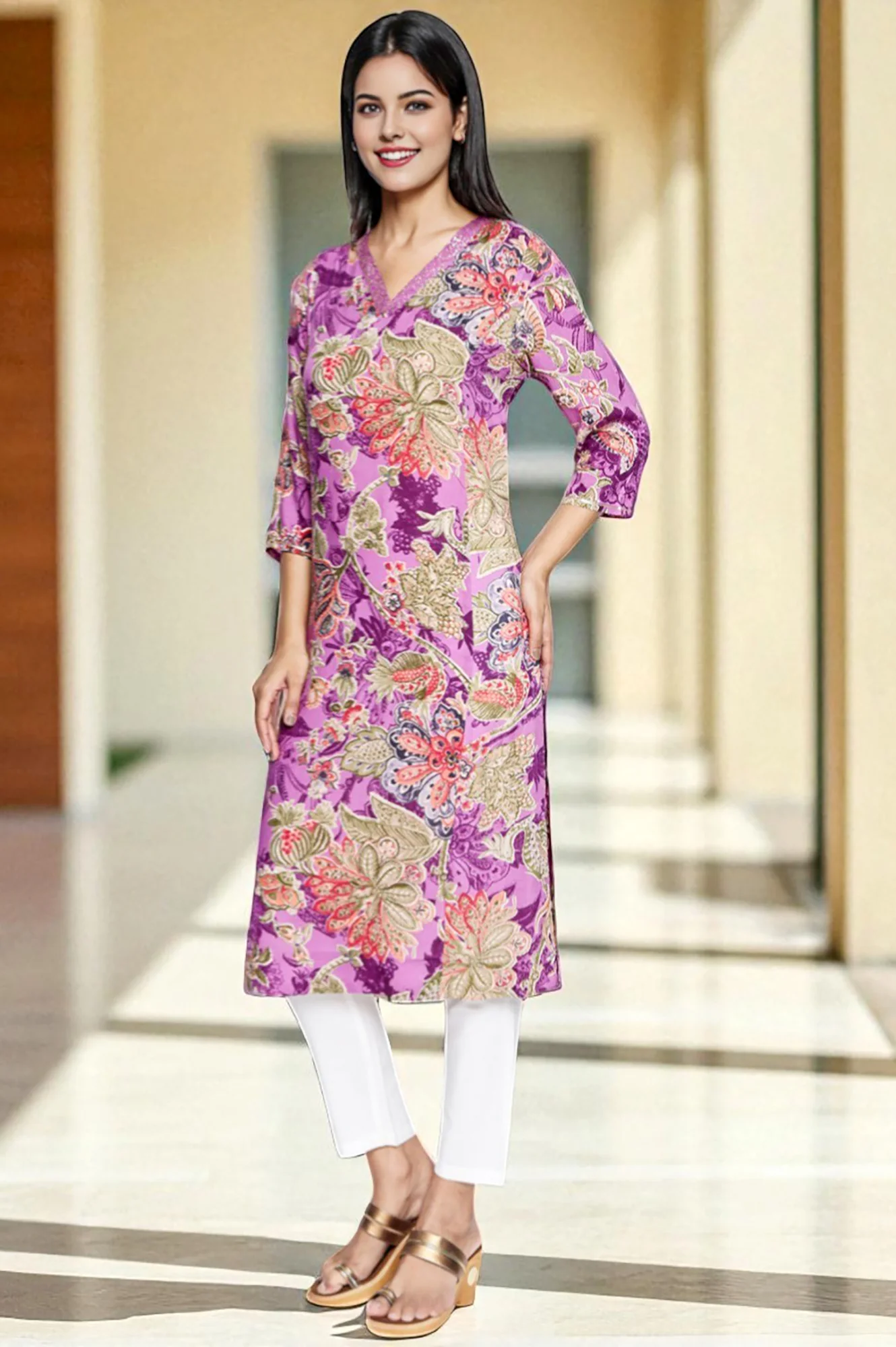 Purple Printed Modal A-line Kurta - Image 4