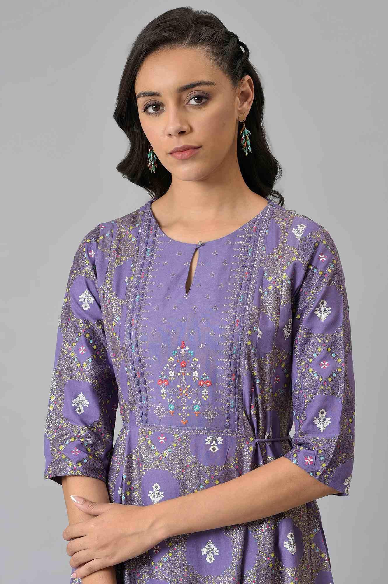 Purple Printed Round Neck kurta With Tights - Image 5