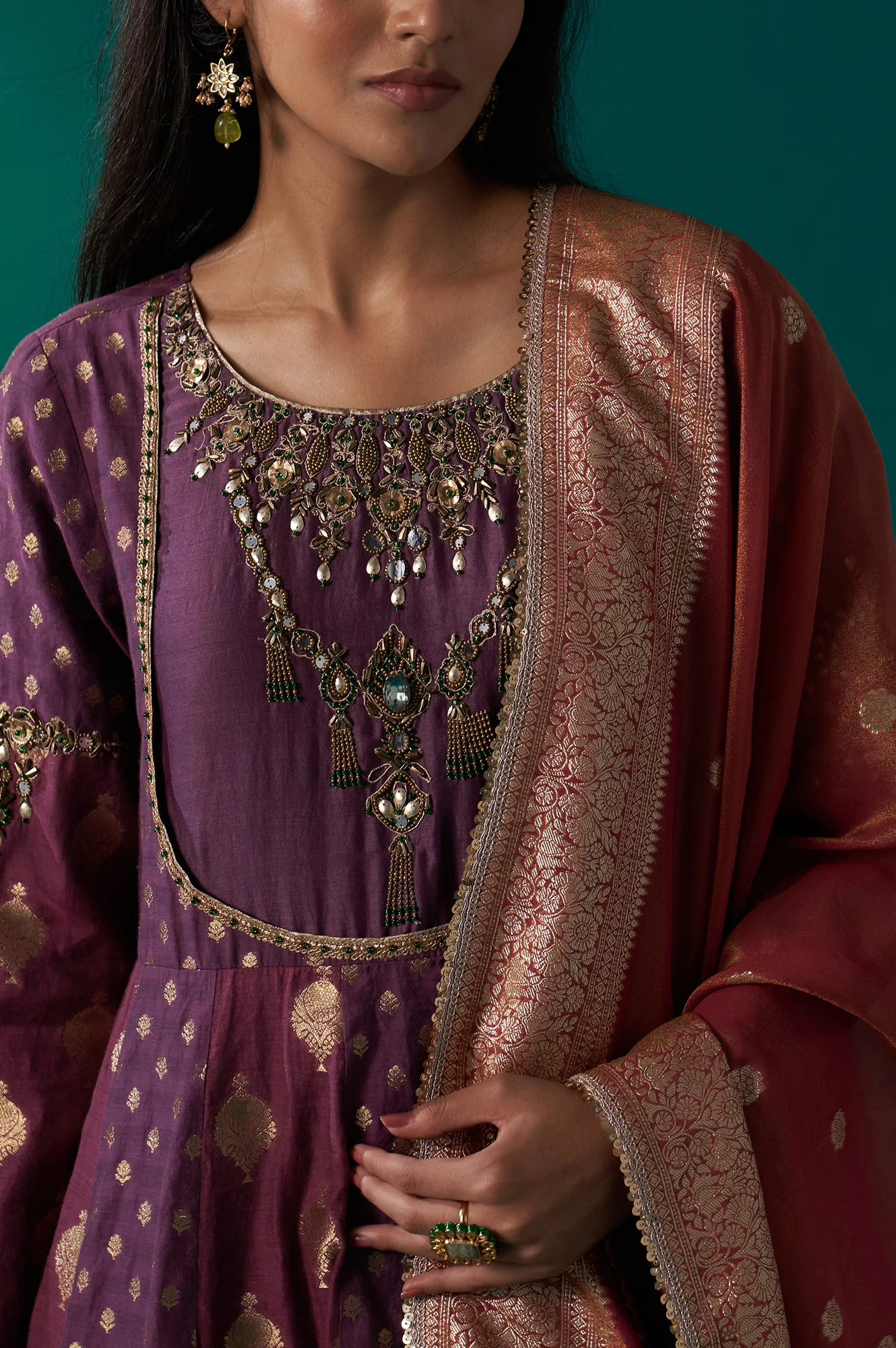 Purple Zari Embroidered Chanderi Jacquard Anarkali Kurta with Churidar and Dupatta Set - Image 3