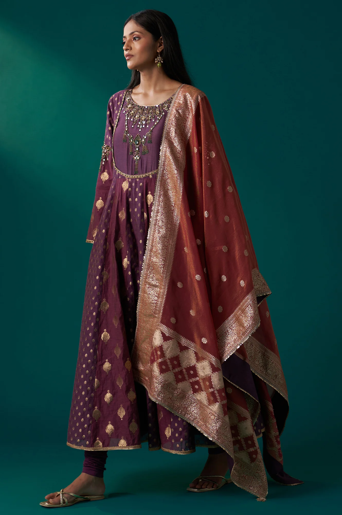 Purple Zari Embroidered Chanderi Jacquard Anarkali Kurta with Churidar and Dupatta Set - Image 4
