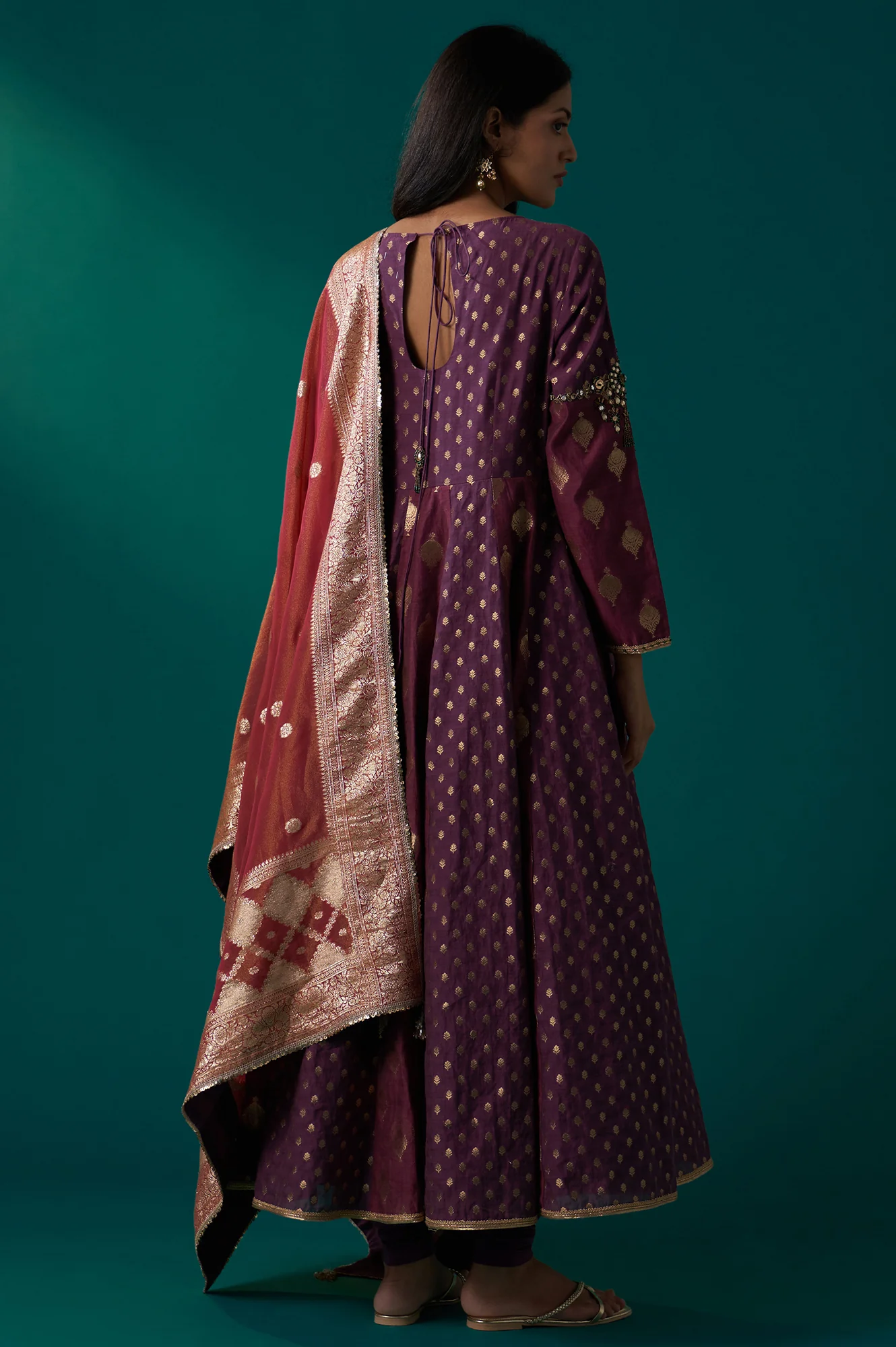 Purple Zari Embroidered Chanderi Jacquard Anarkali Kurta with Churidar and Dupatta Set - Image 5