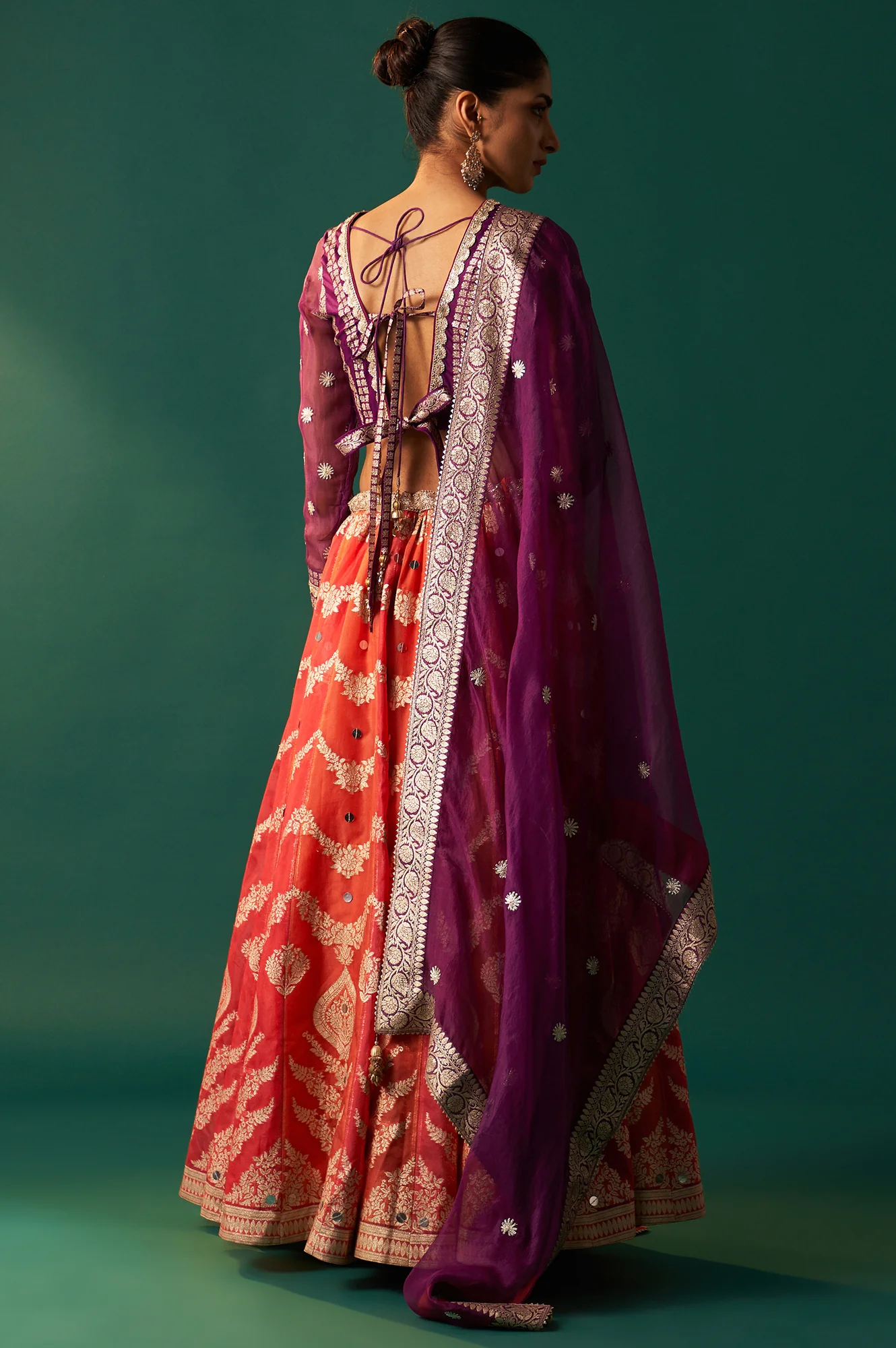 Purple Zari Embroidered Jacquard Blouse with Flared Skirt and Dupatta Set - Image 6