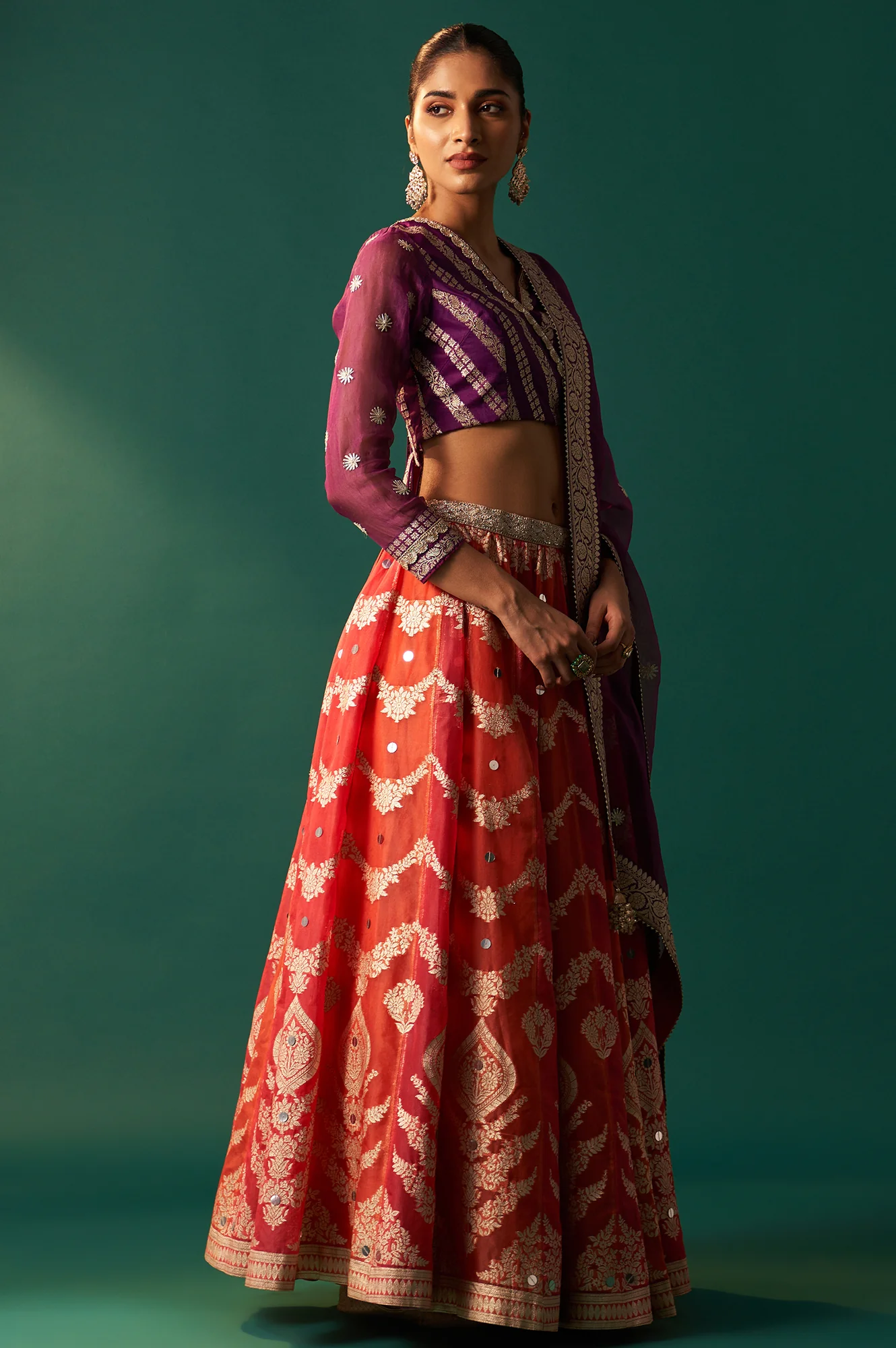 Purple Zari Embroidered Jacquard Blouse with Flared Skirt and Dupatta Set - Image 7