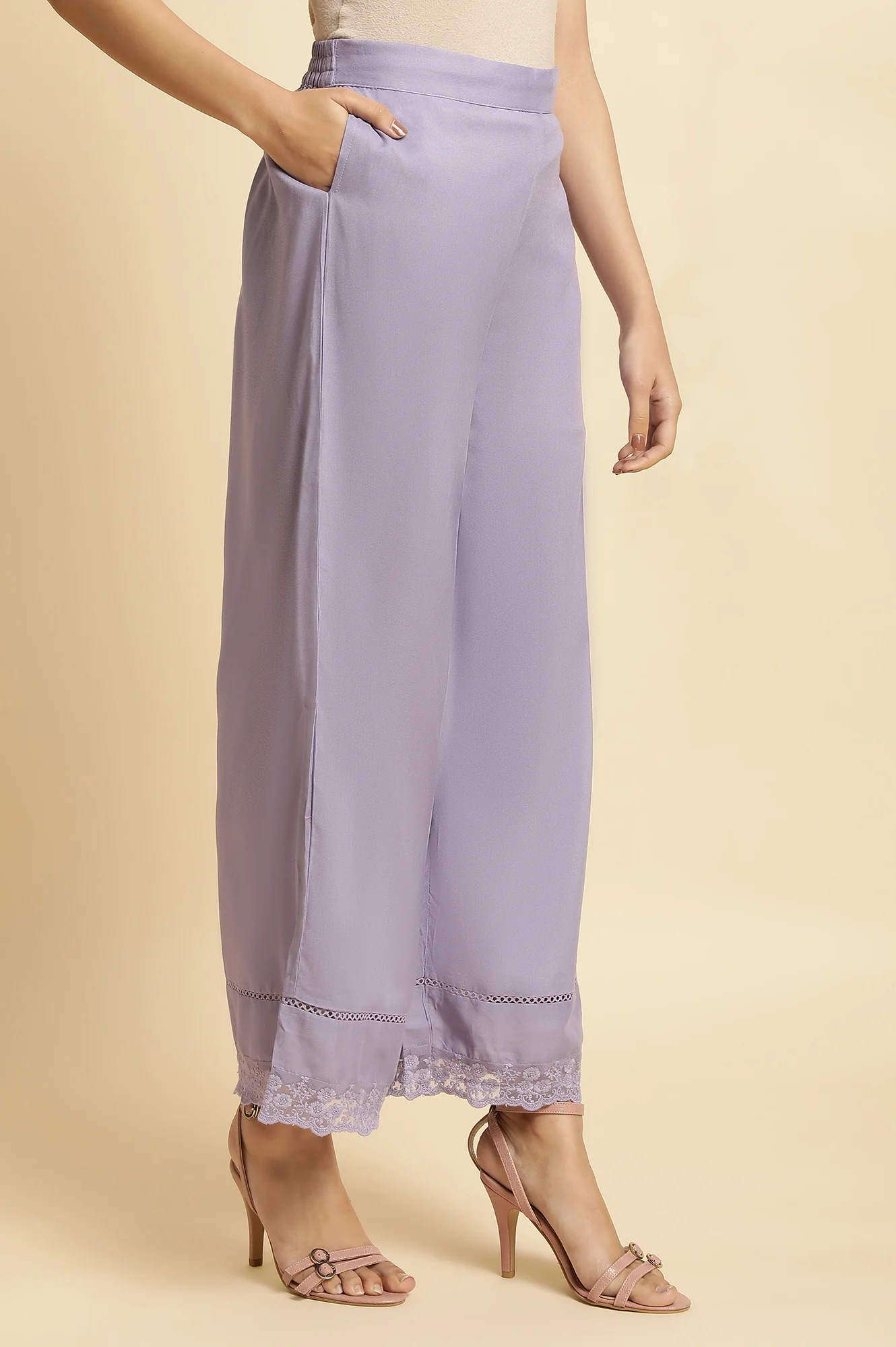 Purple Solid Thread Embroidered Rayon Straight Kurta and Parallel Pant Set - Image 4