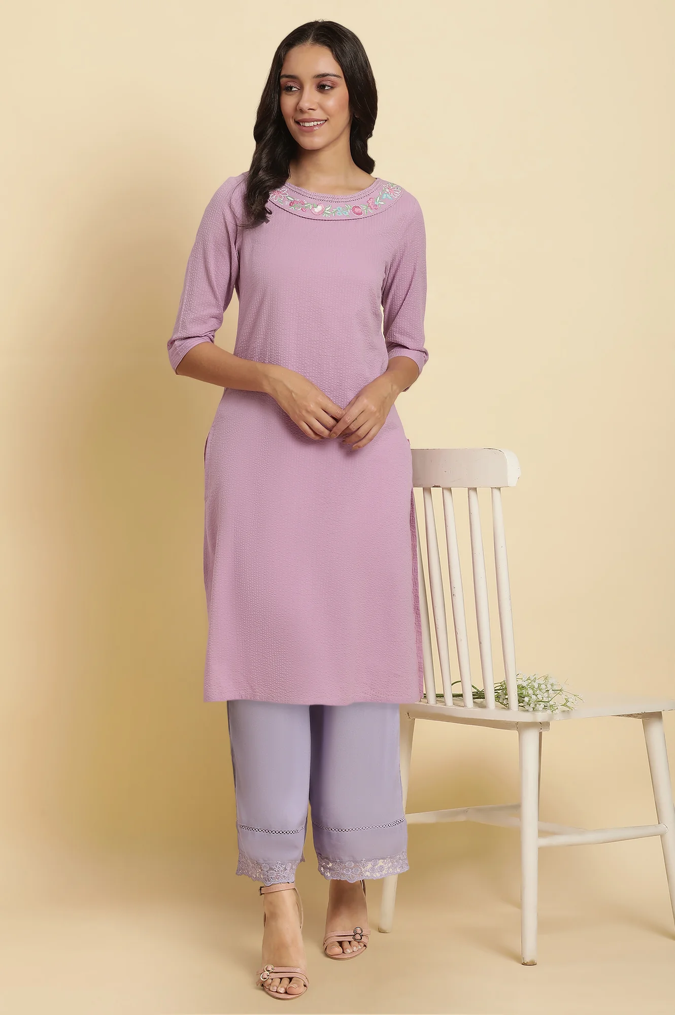 Purple Thread Embroidered Textured Cotton Straight Kurta and Parallel Pant Set