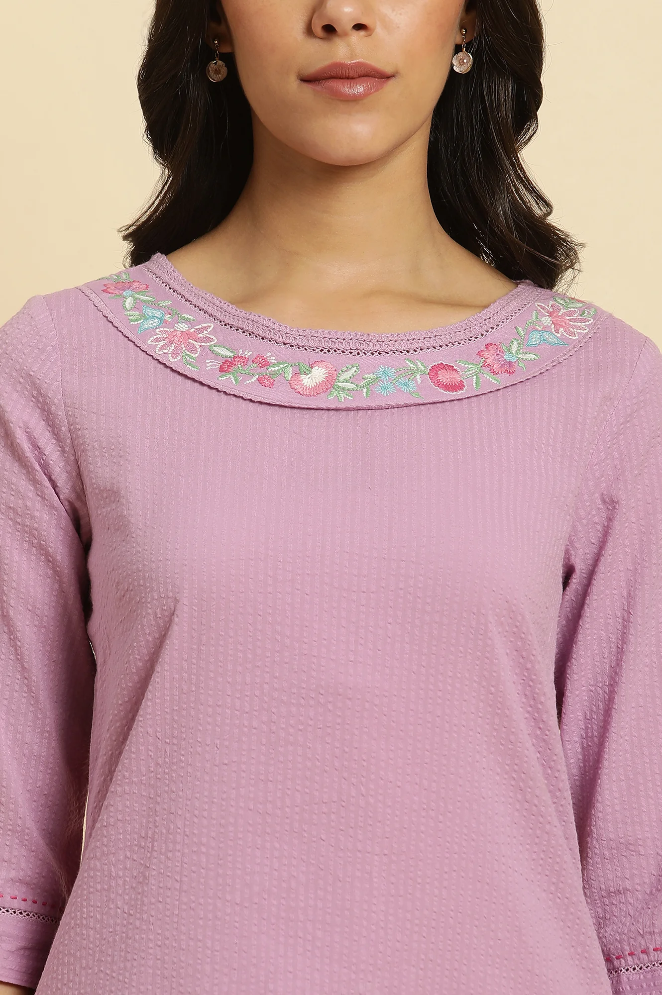 Purple Thread Embroidered Textured Cotton Straight Kurta and Parallel Pant Set - Image 2