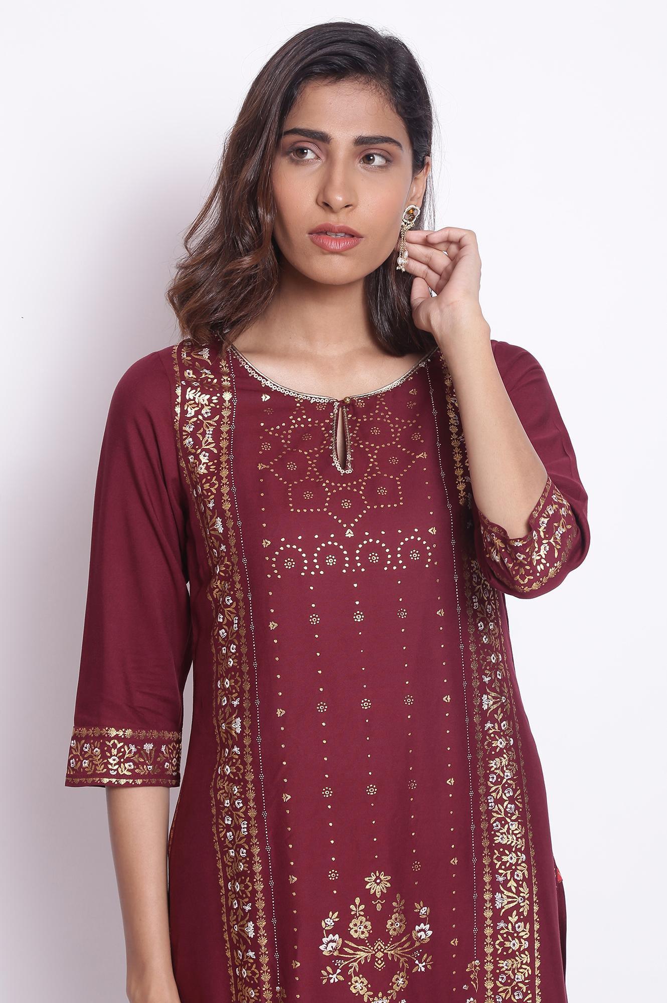 Purple Straight Foil Print kurta - Image 5