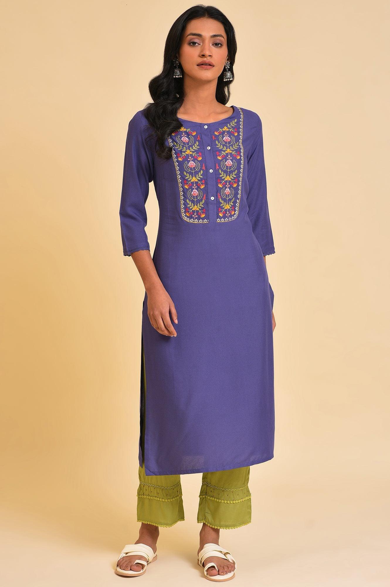 Purple Embroidered Cotton Straight Kurta - Image 6