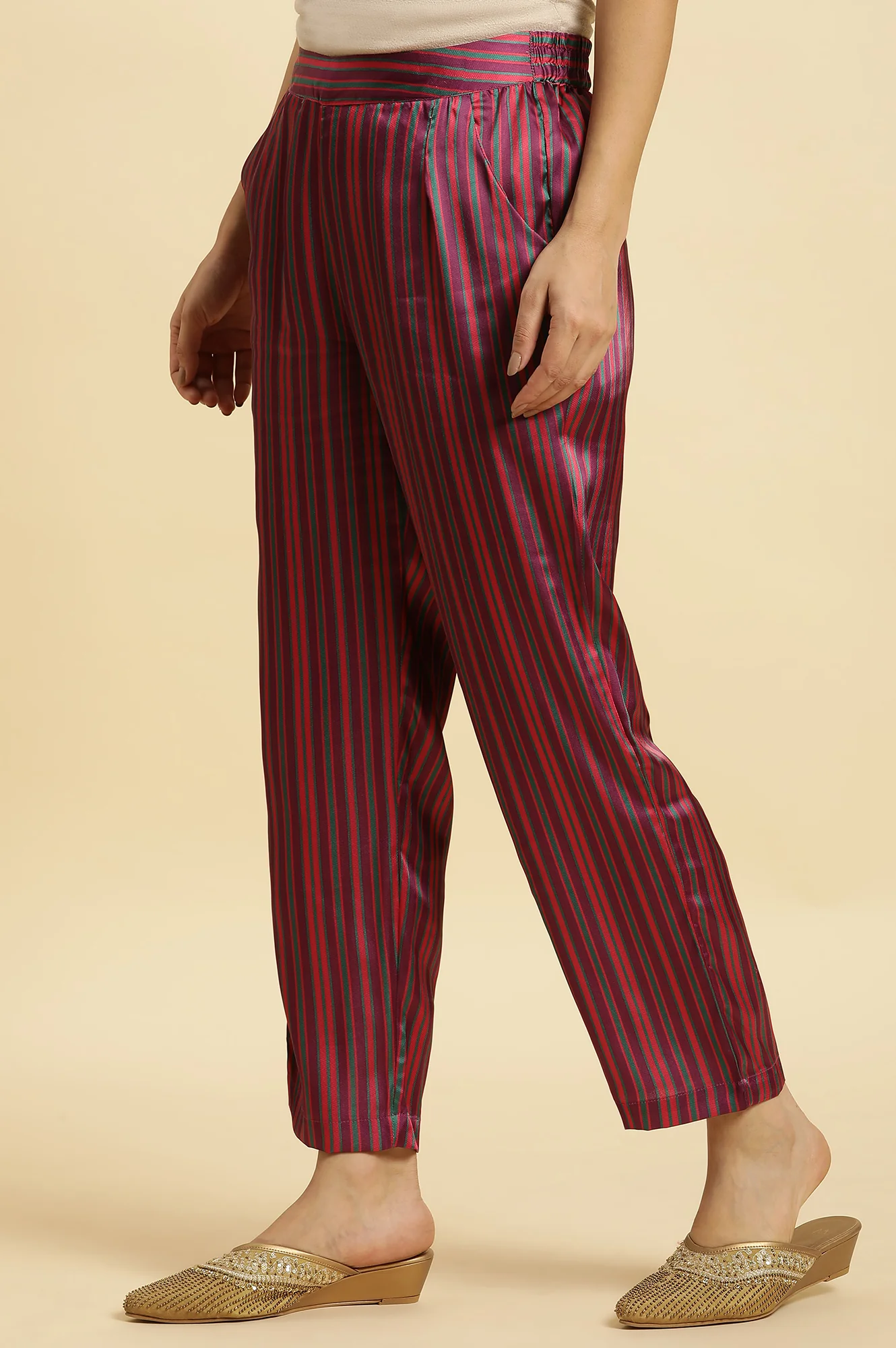 Purple Stripe Printed Satin Pants - Image 2