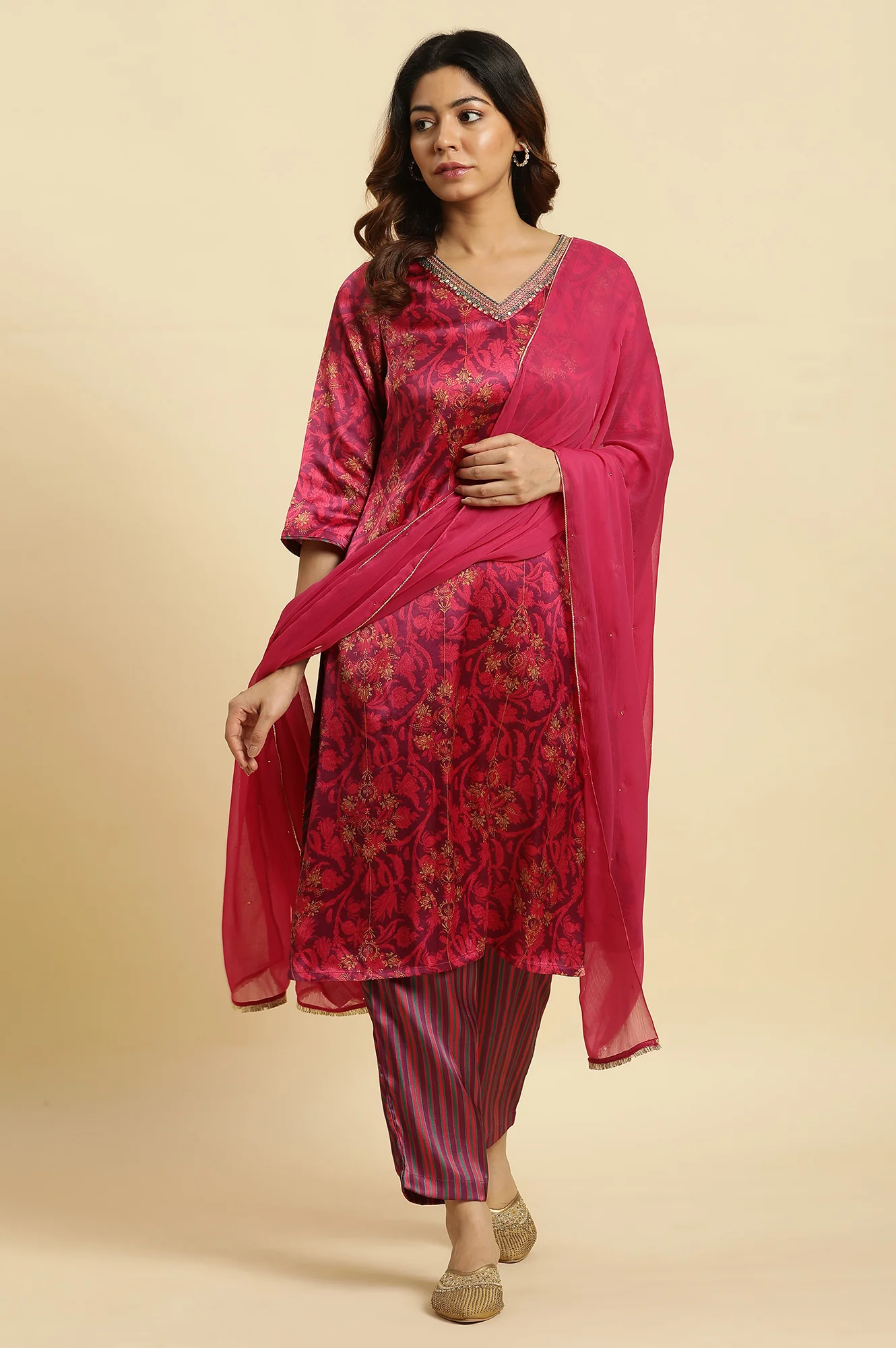 Purple Stripe Printed Satin Pants - Image 5