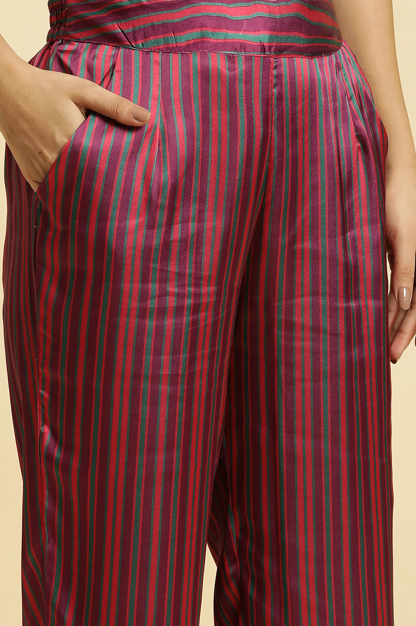 Purple Stripe Printed Satin Pants - Image 7