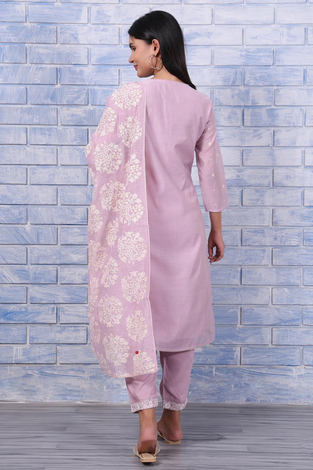 Purple Thread Embroidered Chanderi A-Line Kurta, Straight Pant And Dupatta Set - Image 5