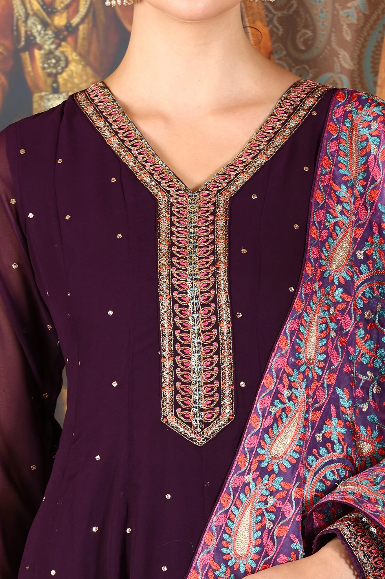 Purple Thread Embroidered Georgette Anarkali Kurta and Churidar Set with Dupatta - Image 3