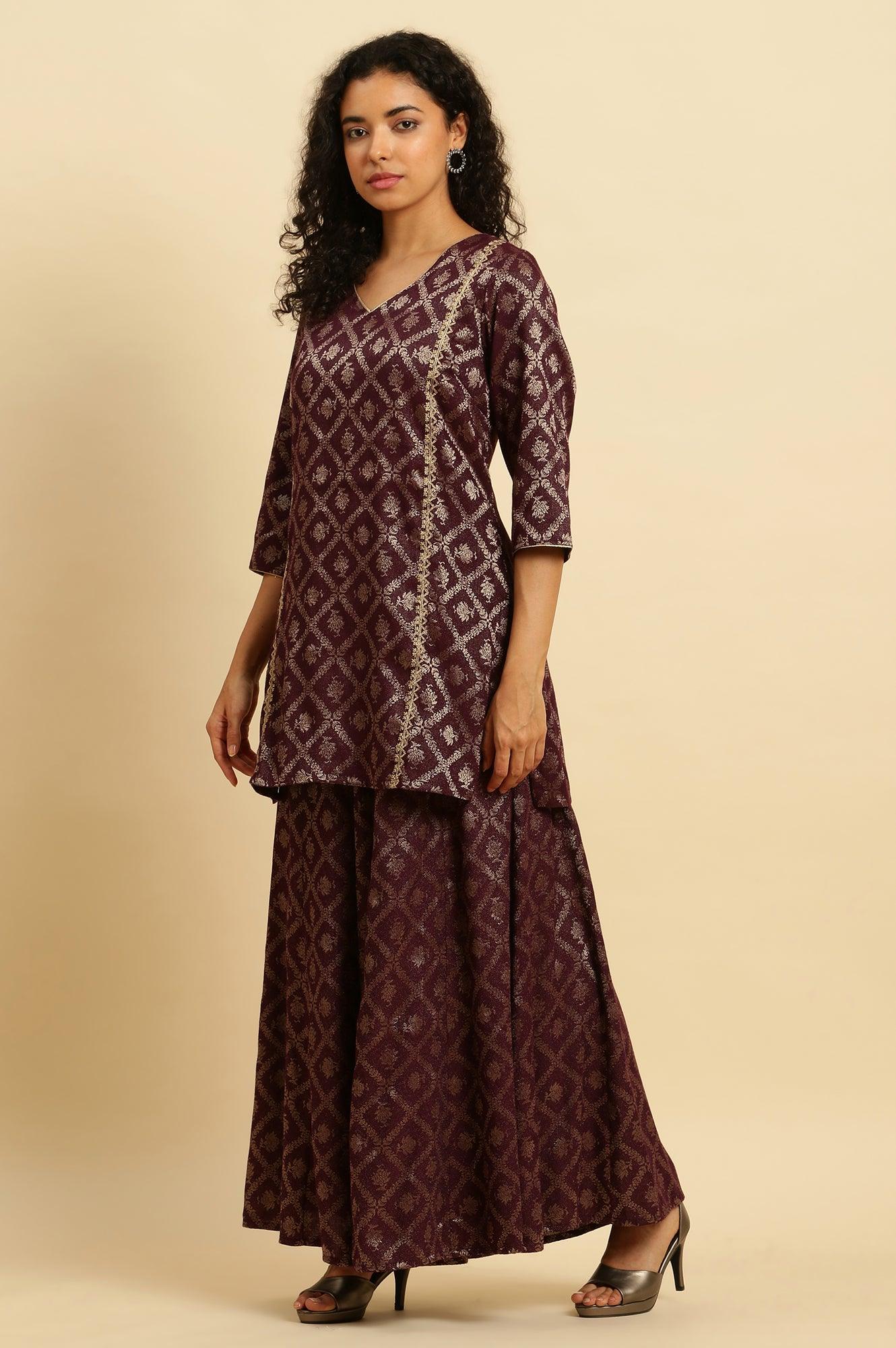 Purple Zari Embellished Short Kurta, Flared Pants And Dupatta Set - Image 5