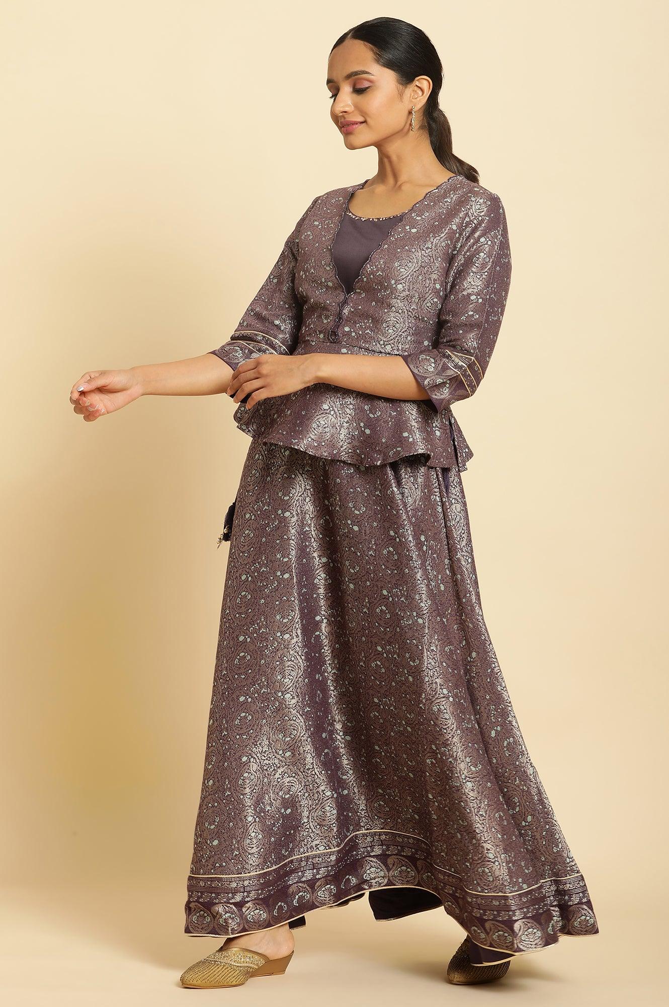 Purple Zari Jacquard Peplum Top With Skirt And Dupatta - Image 2