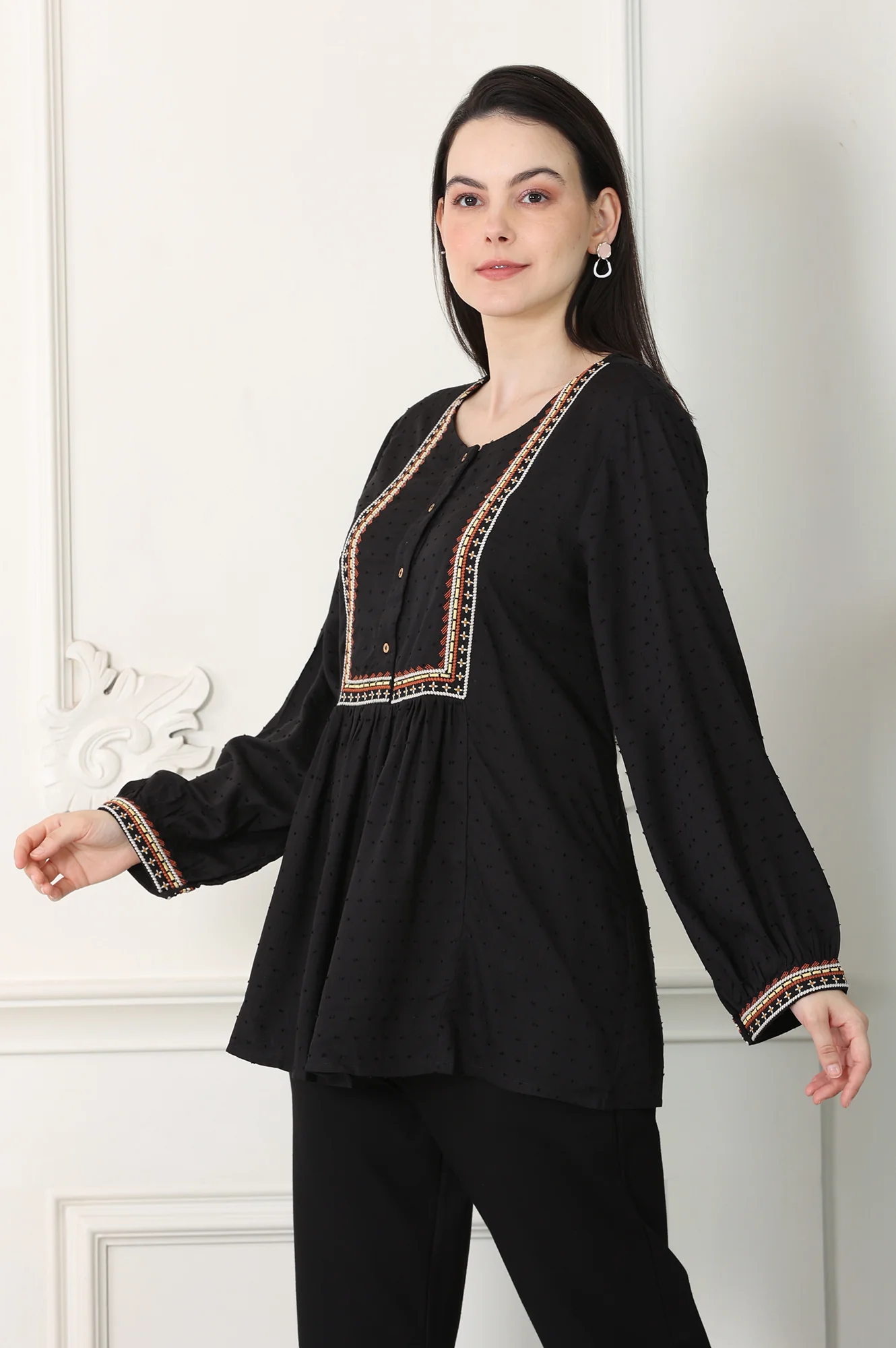 Raven Black Textured Thread Embroidered Yoke Top - Image 4