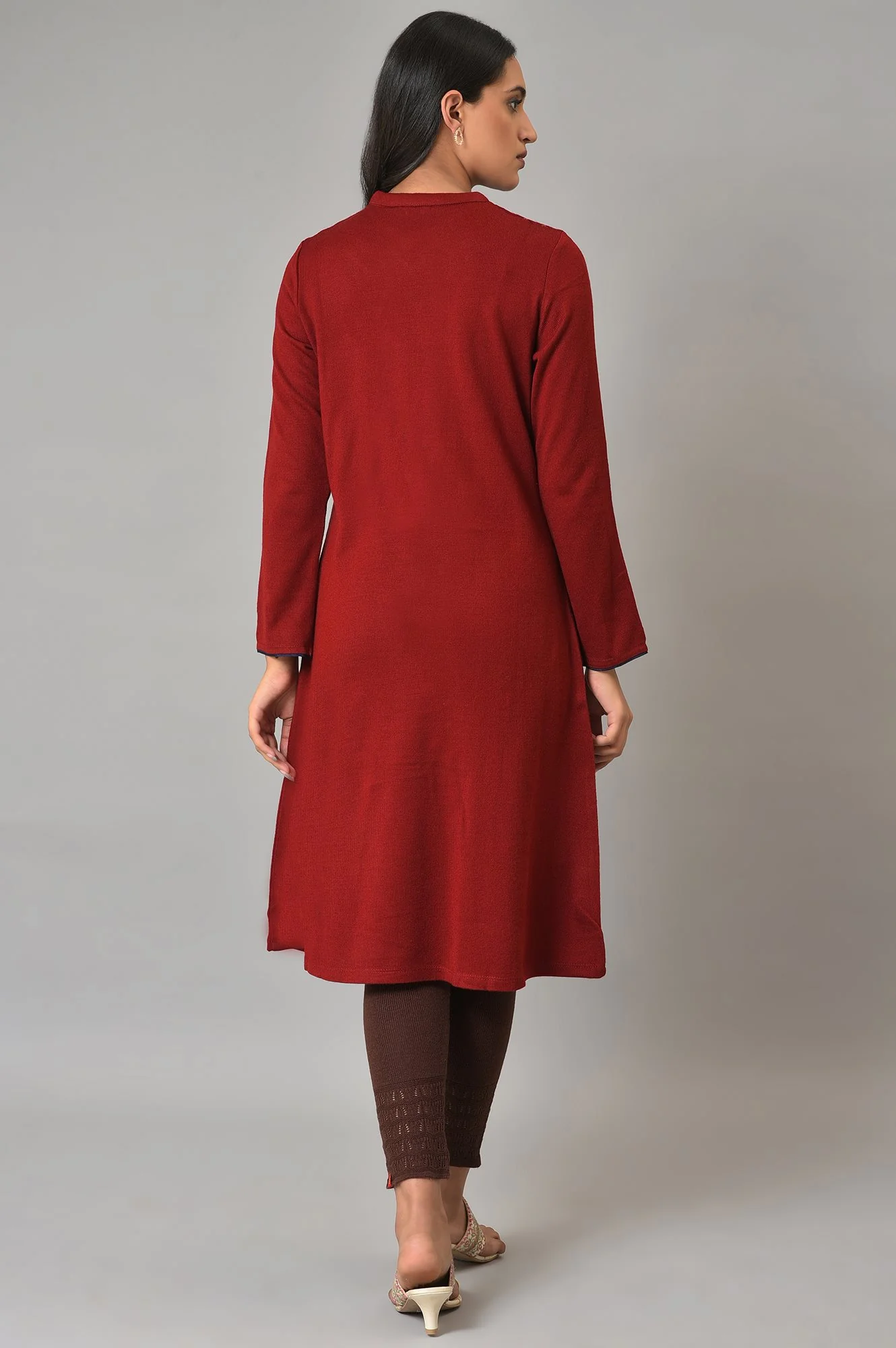 Red A-Line Embroidered Winter kurta - Image 2