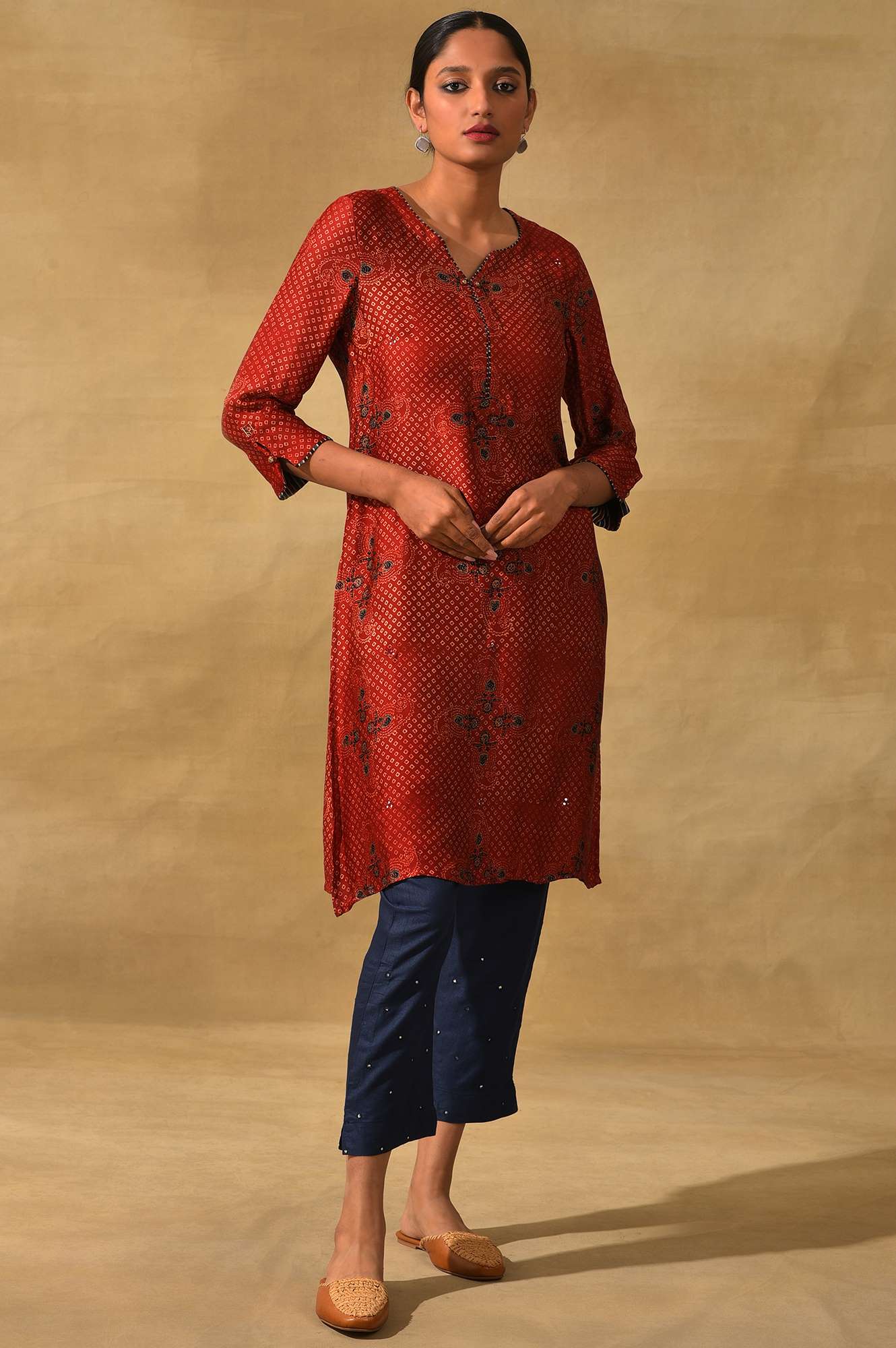 Red Ajrakh Print Lustrous kurta - Image 6