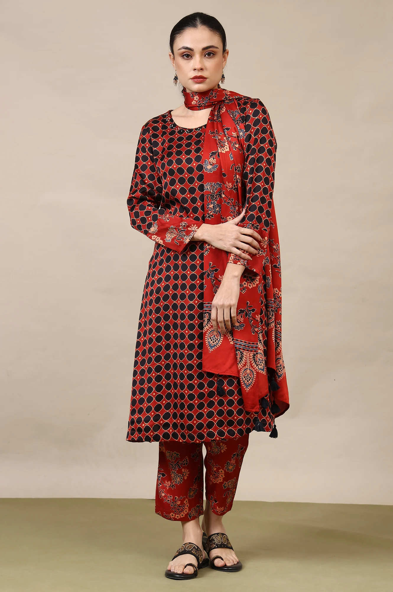 Red Ajrakh Printed Kurta, Straight Pants and Dupatta Set in Modal Satin - Image 3