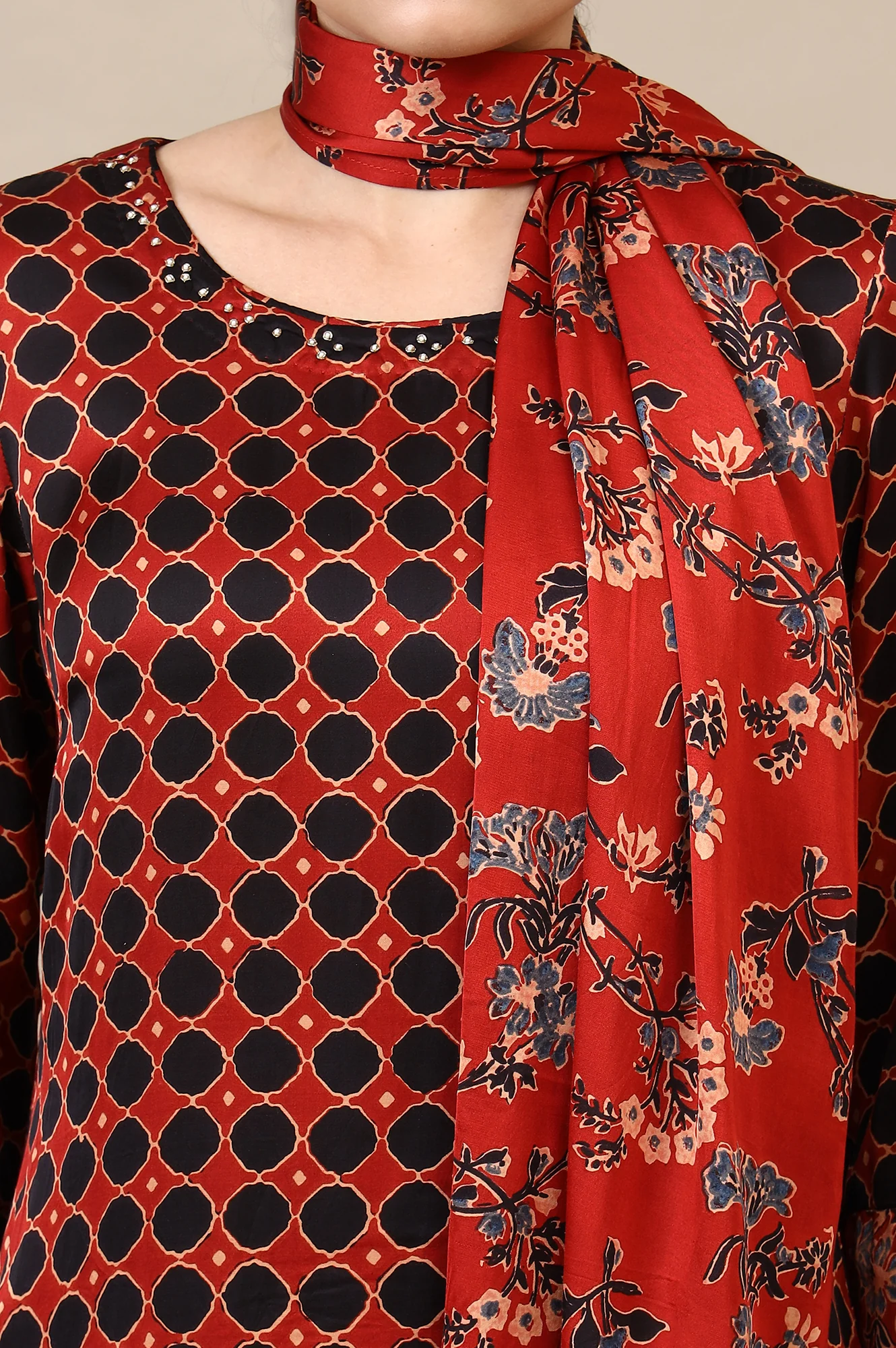 Red Ajrakh Printed Kurta, Straight Pants and Dupatta Set in Modal Satin - Image 4