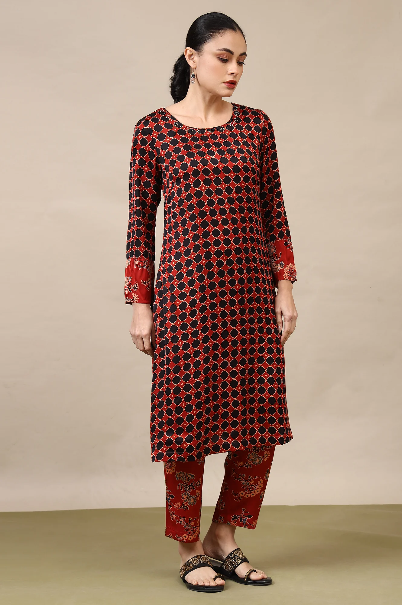 Red Ajrakh Printed Kurta, Straight Pants and Dupatta Set in Modal Satin - Image 7