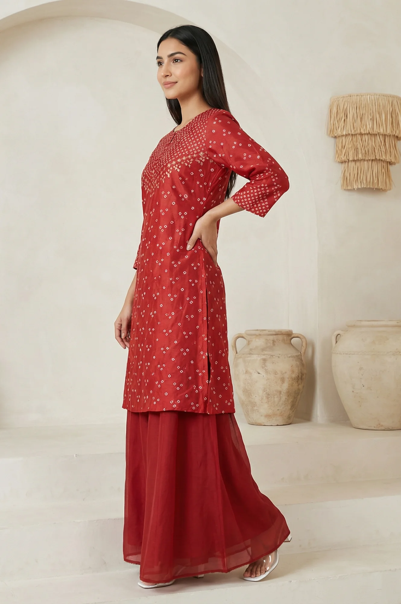 Red Bandhni Mirror Work Silk Blend Straight Kurta with Pant and Dupatta Set - Image 5