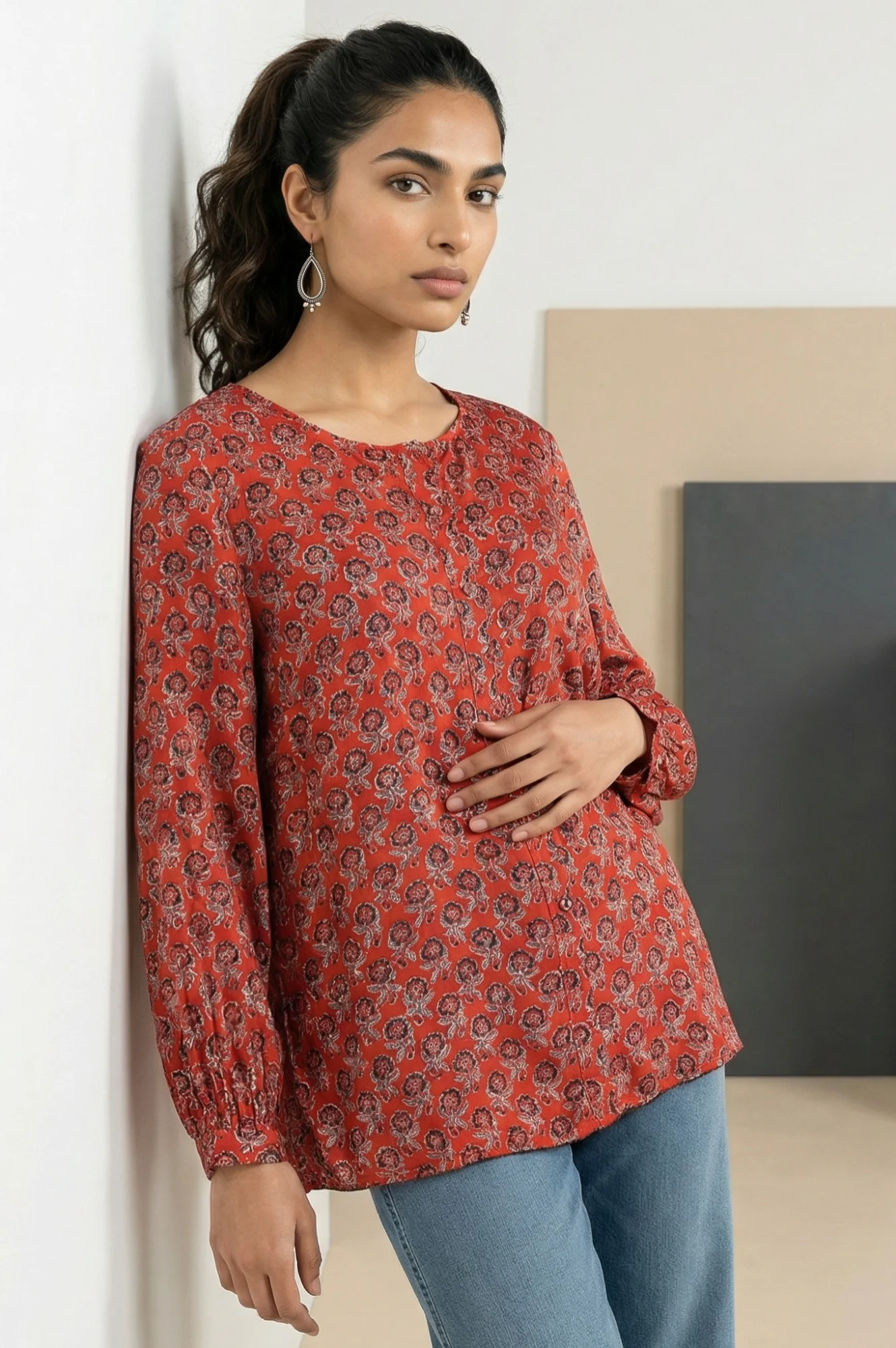 Red Block Floral Printed Satin Straight Top