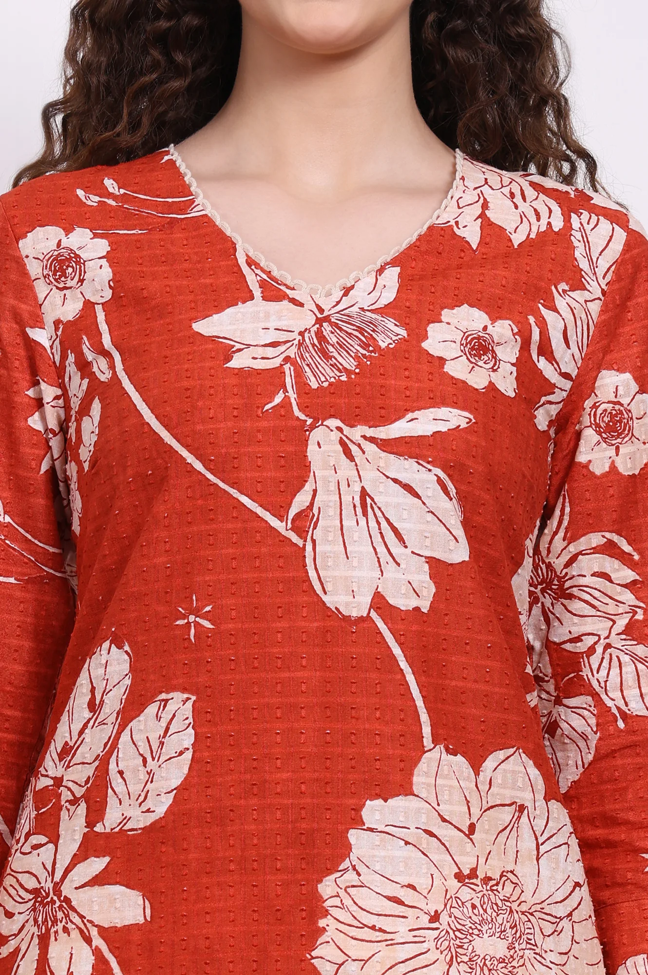 Red Bold Floral Printed Pure Cotton Straight Kurta with Lace - Image 3