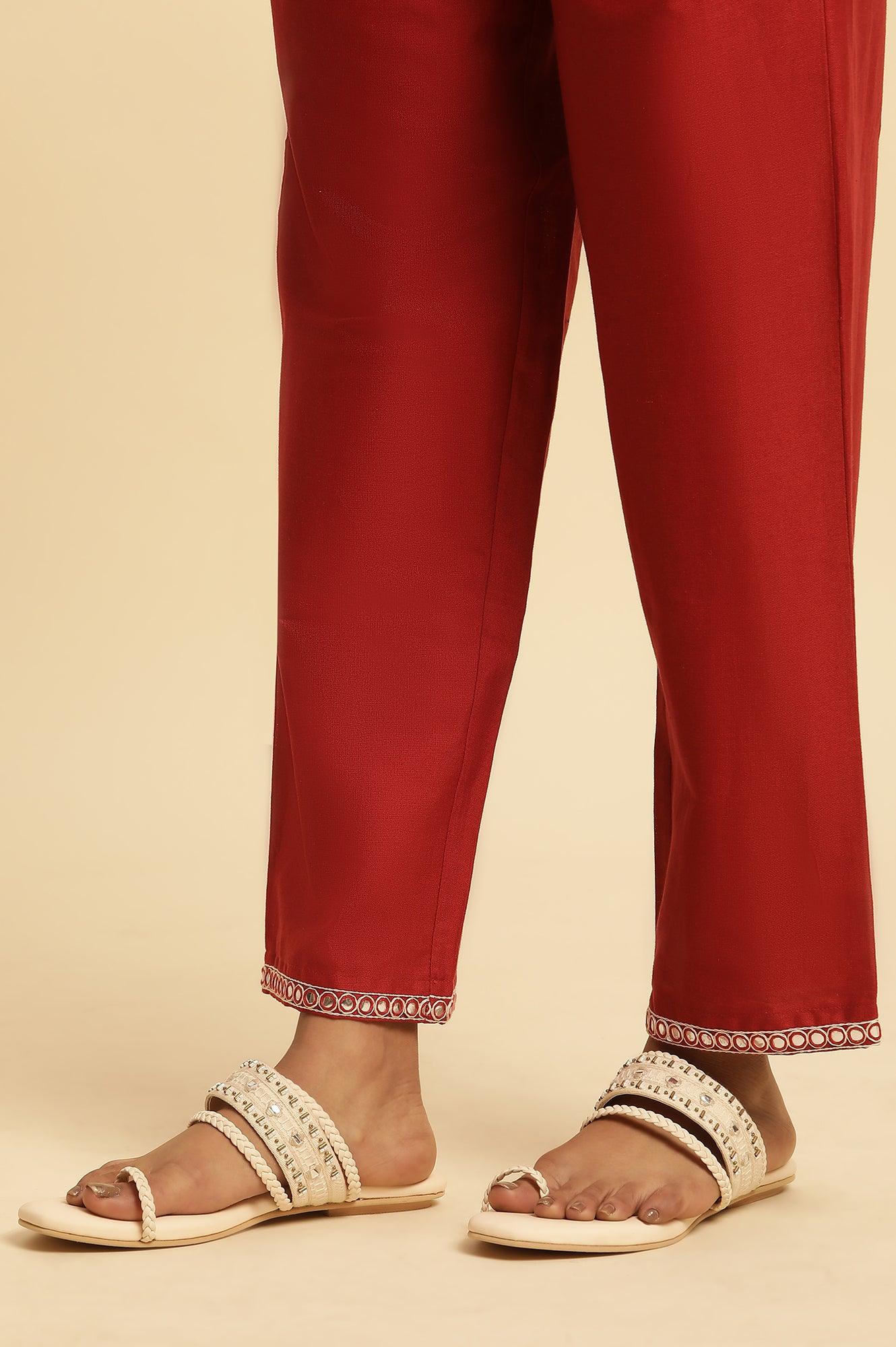 Red Cotton Flax Straight Pants With Embroidery - Image 8
