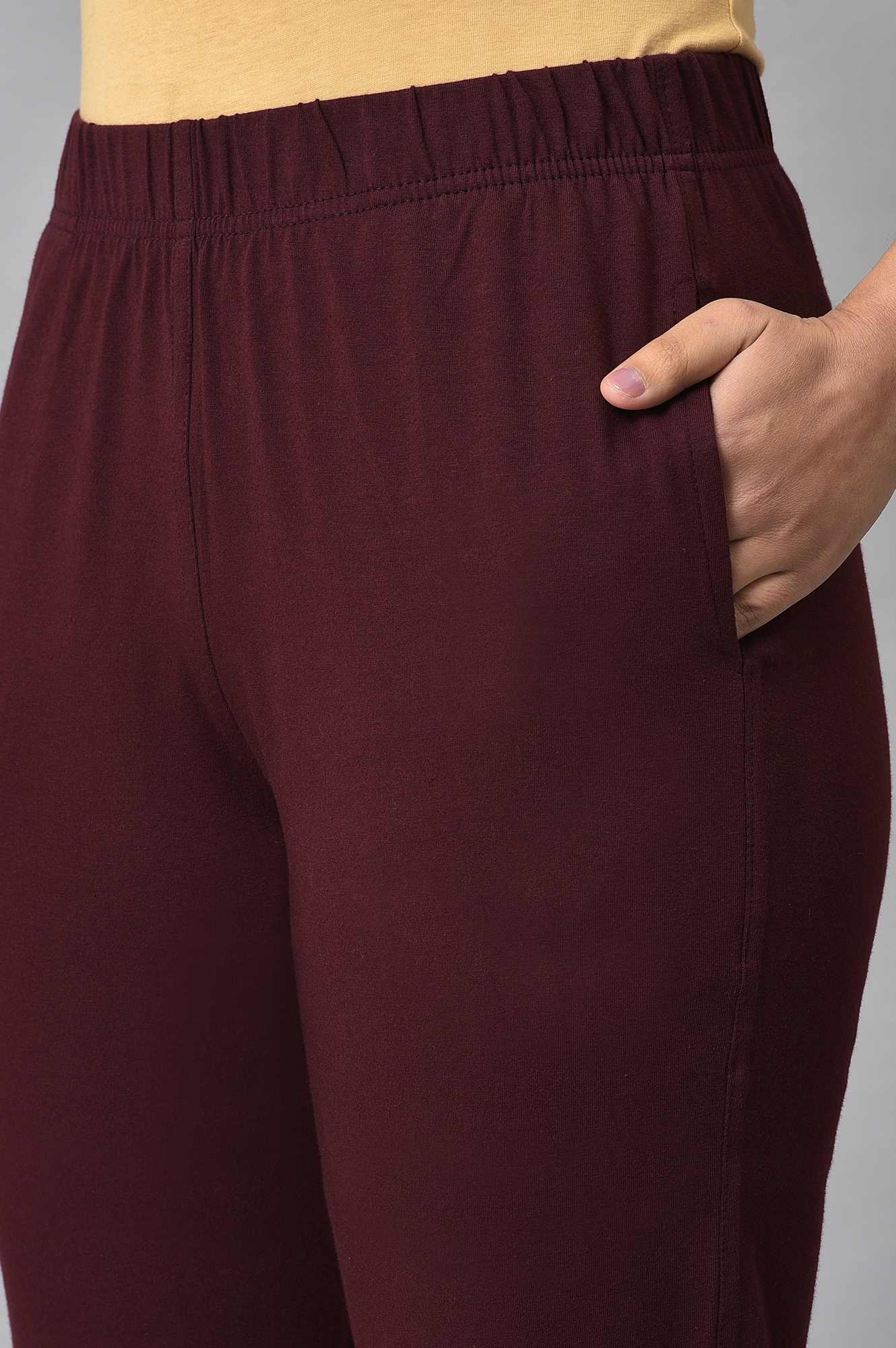 Maroon Solid Straight-fit Cotton Pants with Elasticated Waist