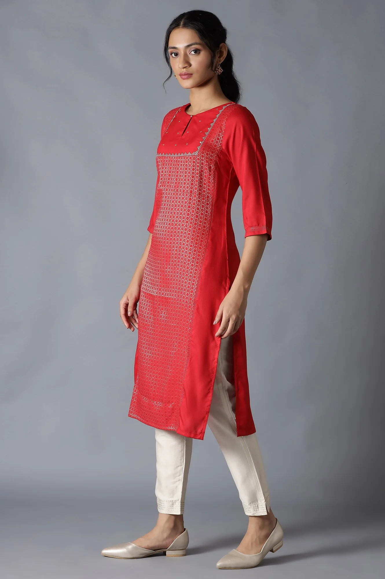 Red Dobby Embroiderd kurta - Image 3