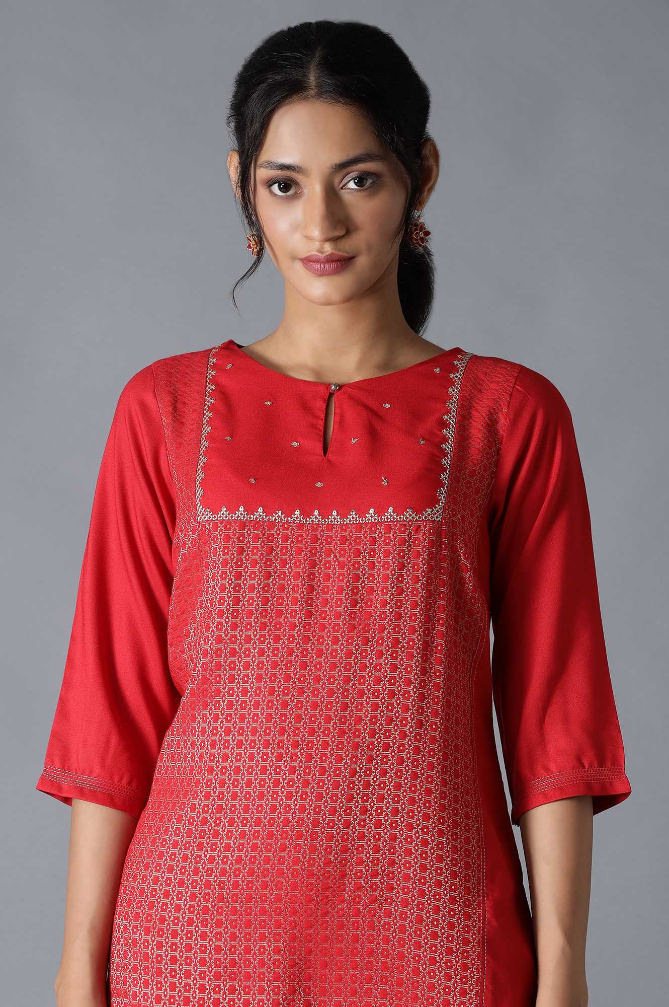 Red Dobby Embroiderd kurta - Image 5