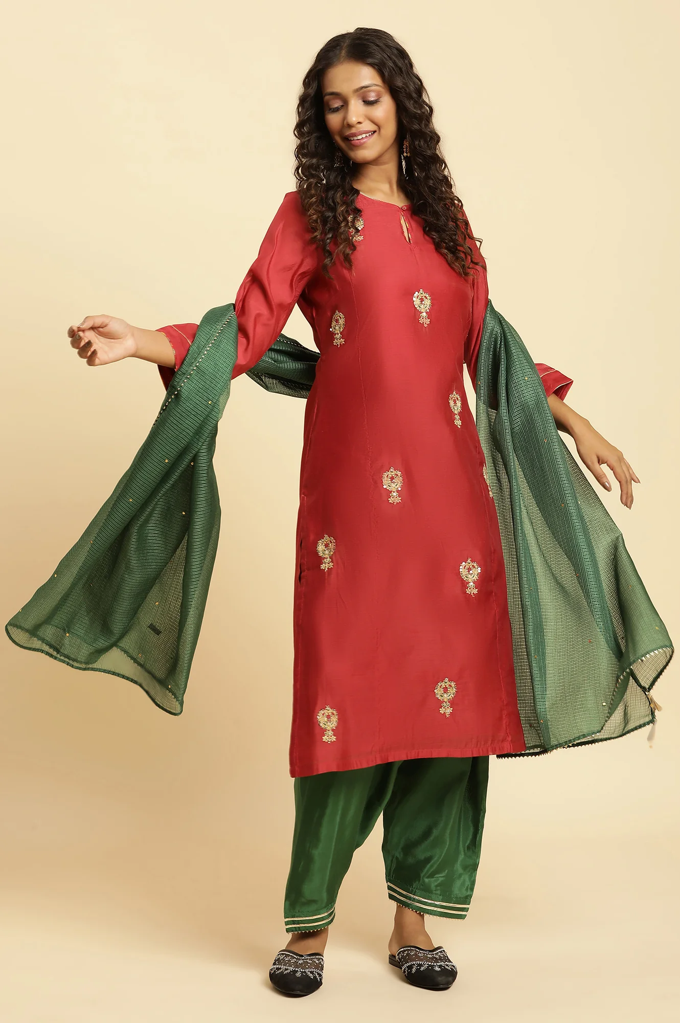 Red Dori Embroidered Chanderi Kurta and Salwar Set - Image 5