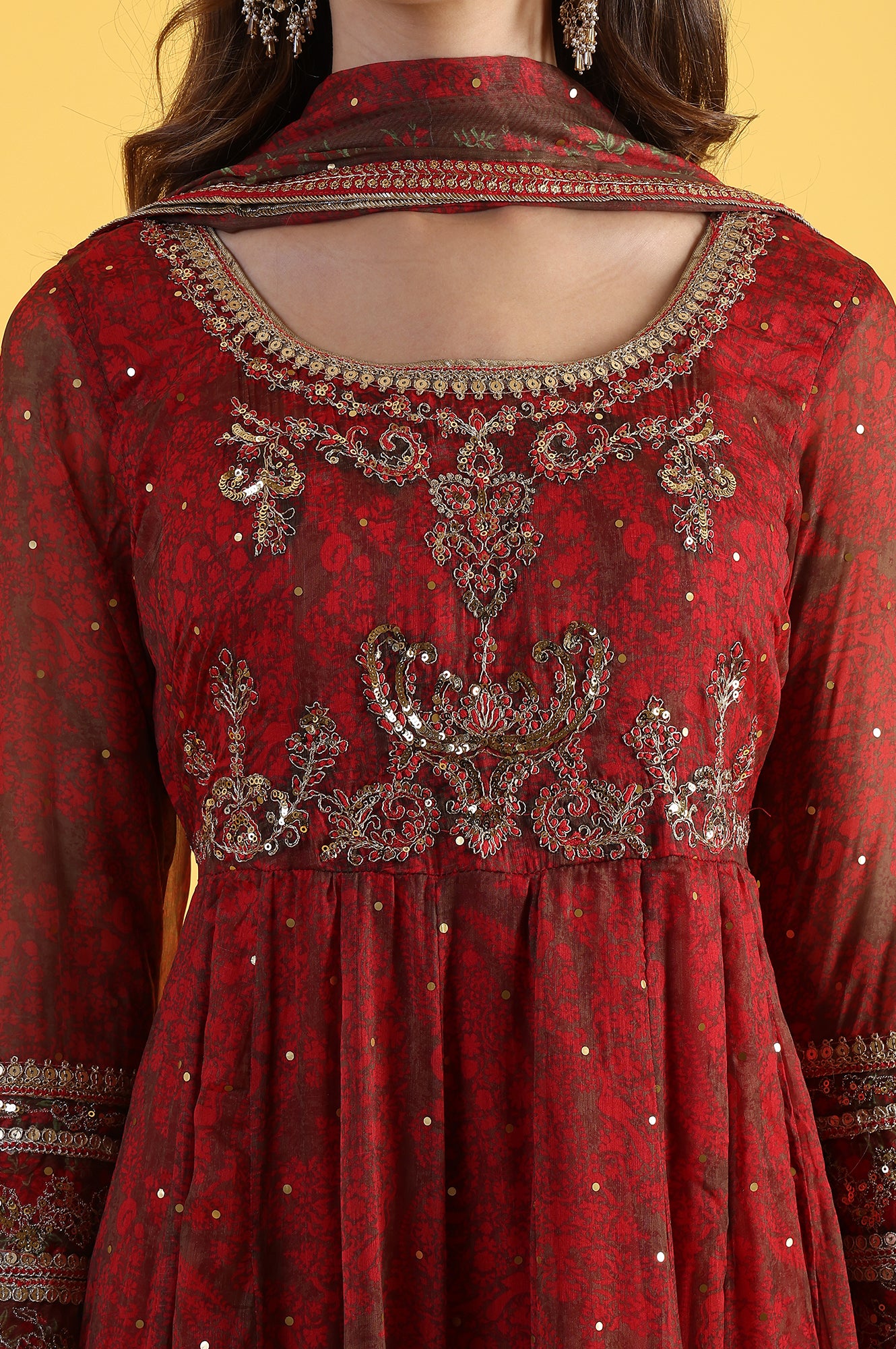 Red Dori Embroidery Chiffon Flared Dresses with Dupatta Set - Image 3