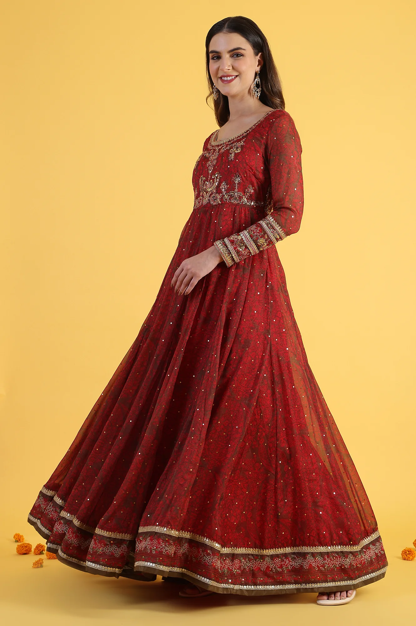 Red Dori Embroidery Chiffon Flared Dresses with Dupatta Set - Image 4