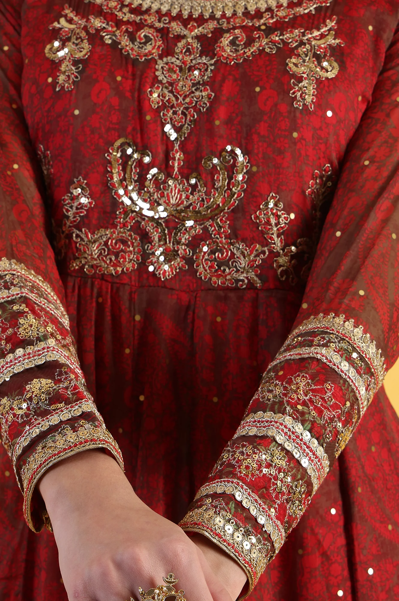 Red Dori Embroidery Chiffon Flared Dresses with Dupatta Set - Image 7