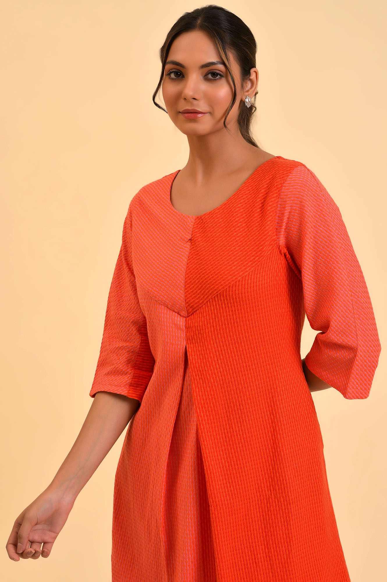 Red Dual Tone Cotton kurta & Slim Pants Co-Ord Set - Image 5