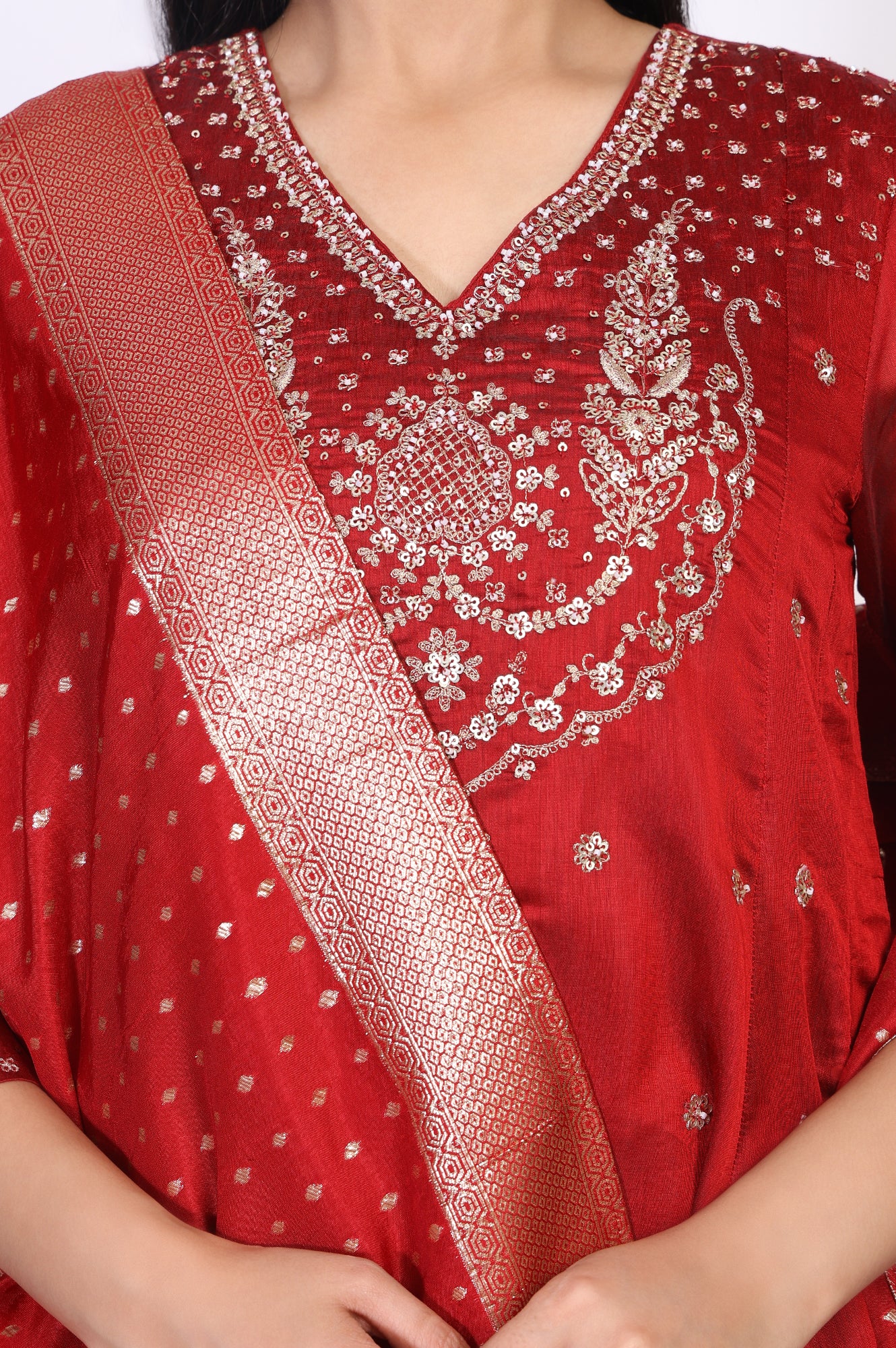 Red Embellished Flared Kurta with Sharara and Dupatta Set - Image 3