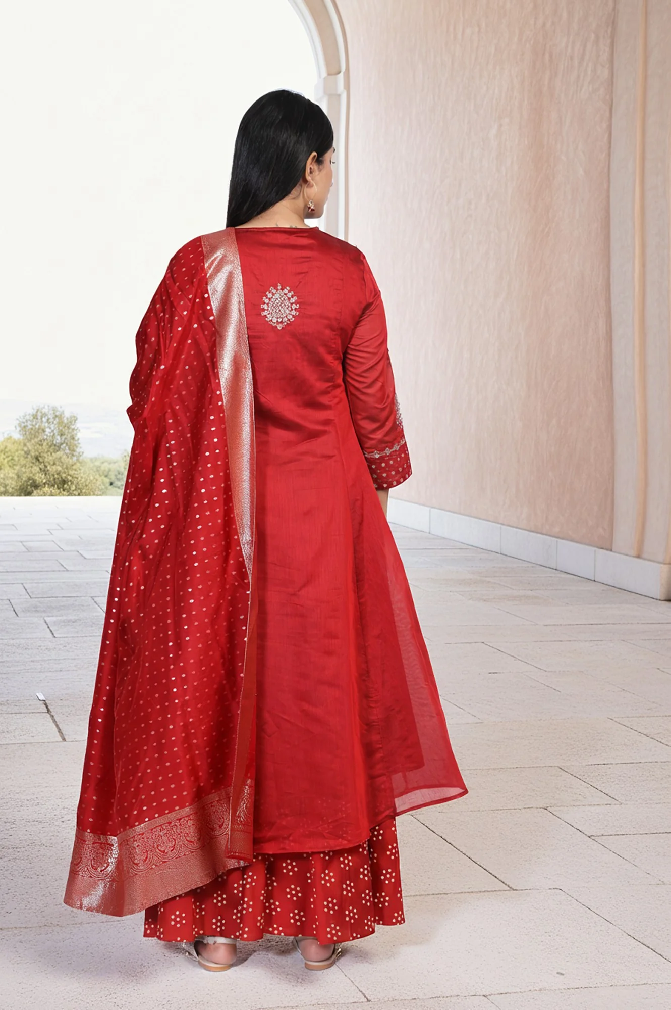 Red Embellished Flared Kurta with Sharara and Dupatta Set - Image 5