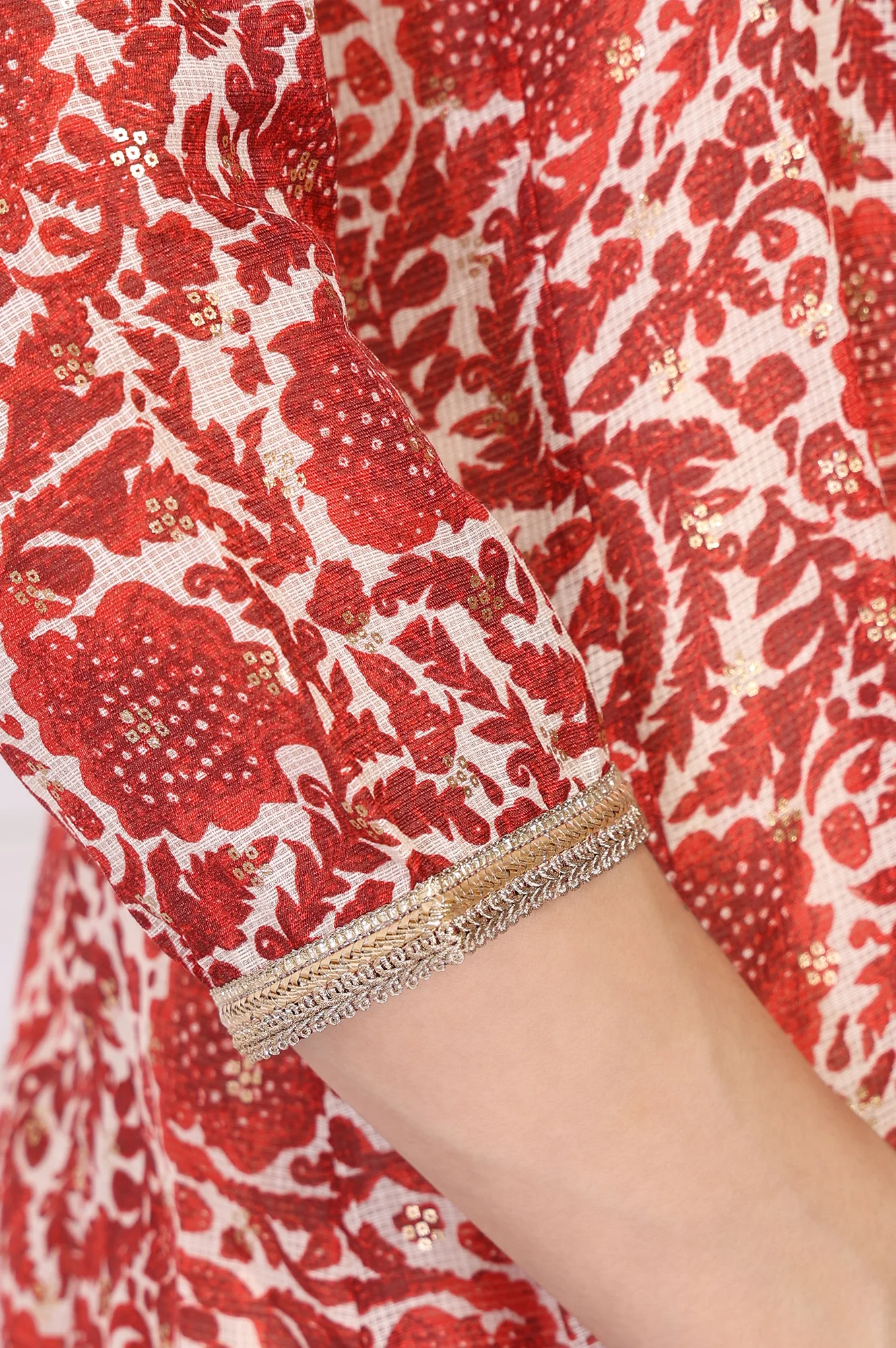 Red Embroidered Anarkali Kurta with Flared Pant and Dupatta Set - Image 7