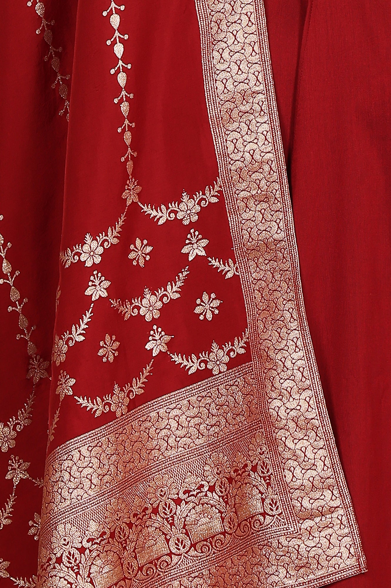 Red Embroidered Chanderi Flared Kurta, Slim Pants And Dupatta Set - Image 10