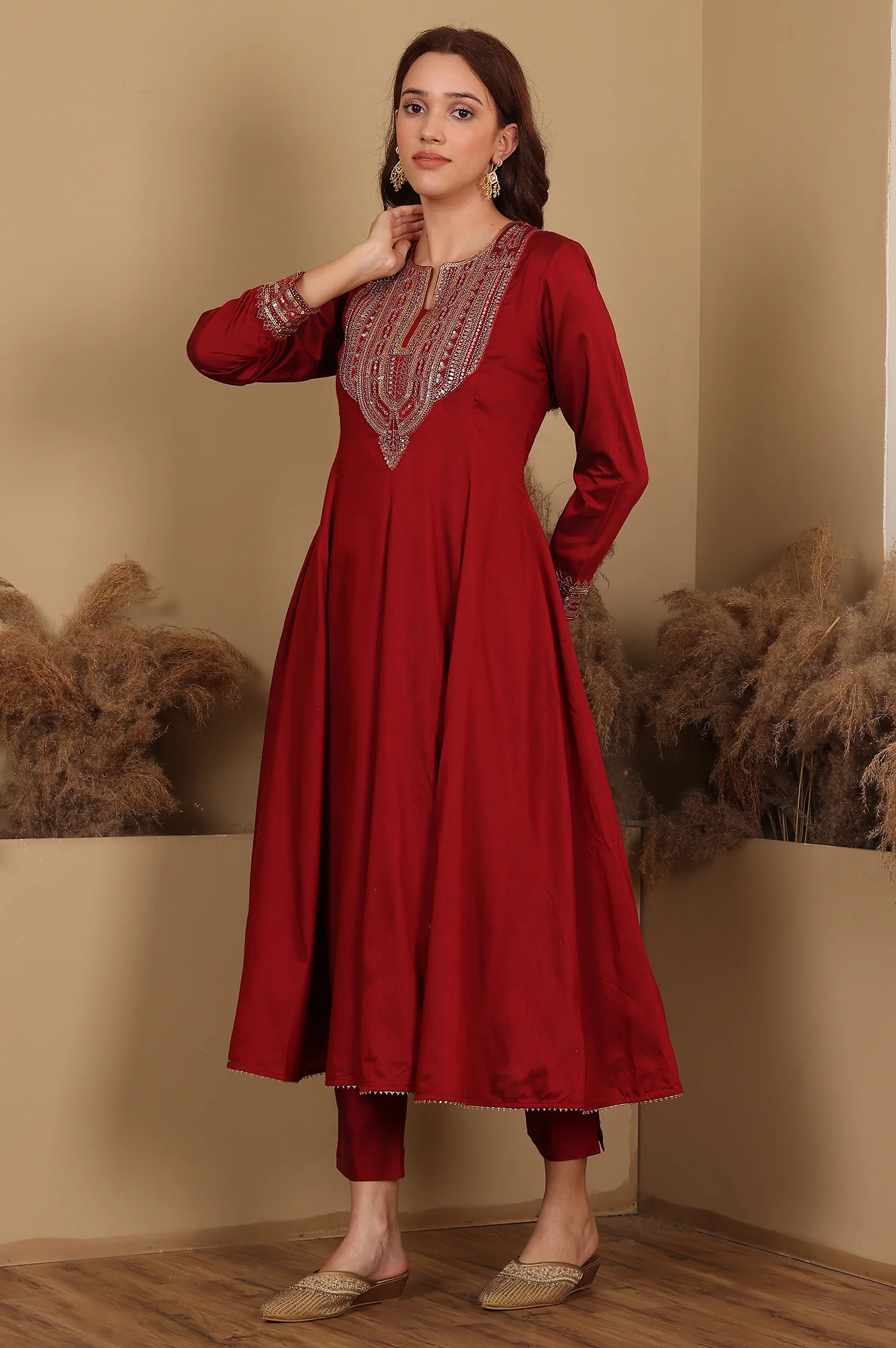 Red Embroidered Chanderi Flared Kurta, Slim Pants And Dupatta Set - Image 6