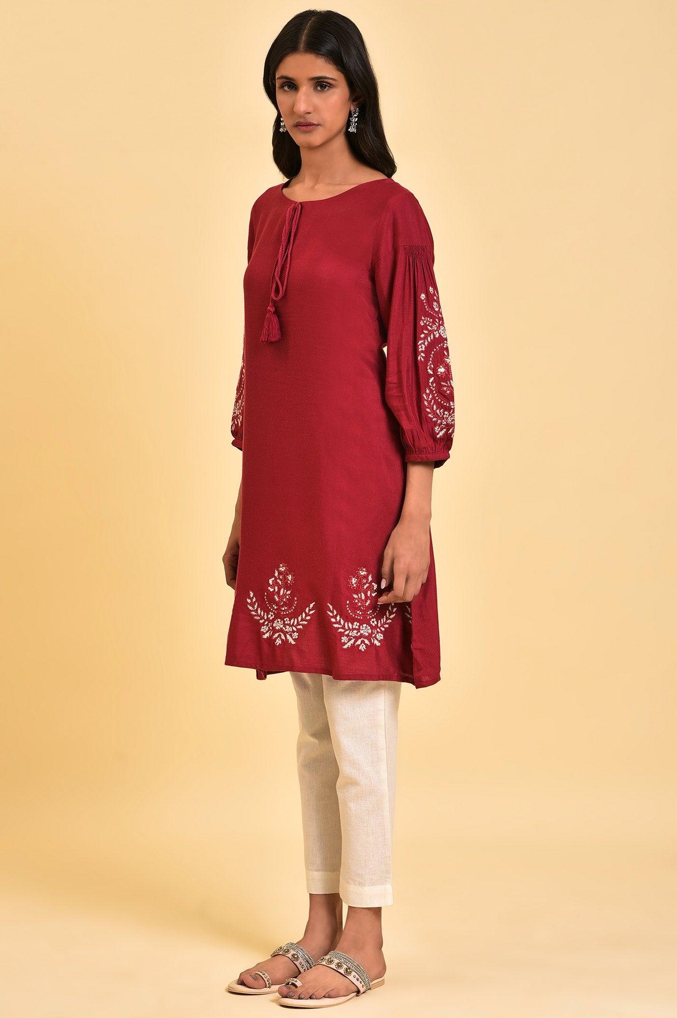 Red Embroidered Dress & Pants Set - Image 3