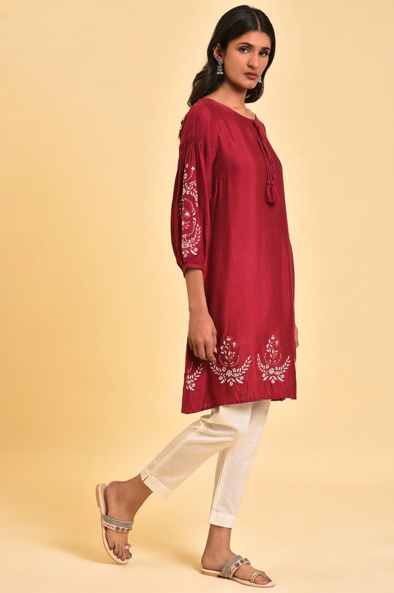 Red Embroidered Dress & Pants Set - Image 4