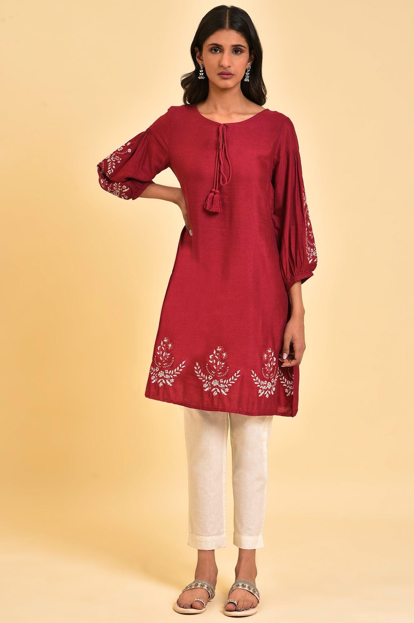 Red Embroidered Dress & Pants Set - Image 8