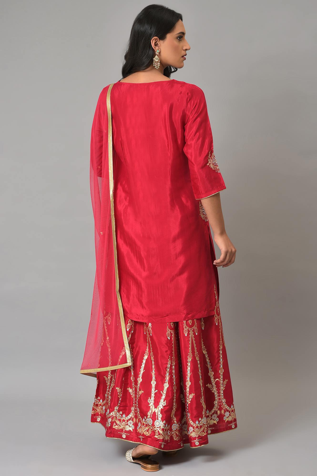 Red Embroidered Festive kurta With Culottes And Mesh Dupatta - Image 2