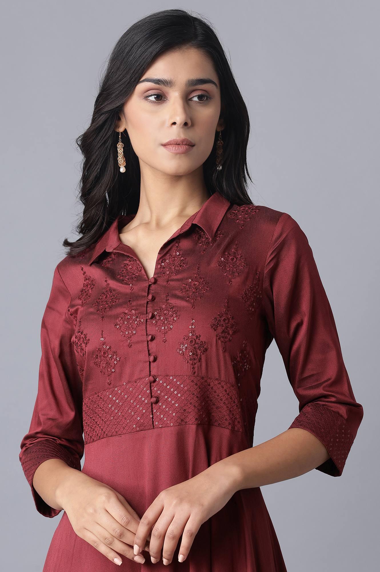 Red Embroidered Flared Shirt Dress - Image 5