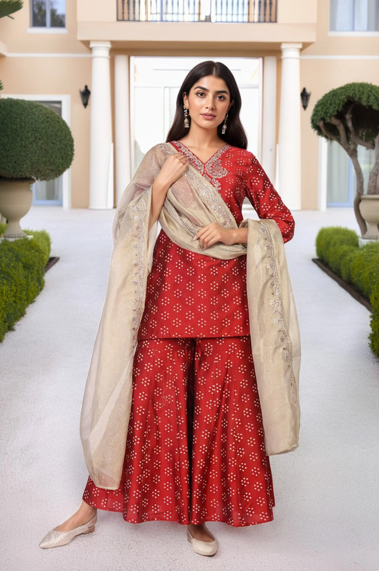 Red Embroidered Straight Art Silk Kurta with Sharara and Dupatta Set - Image 2