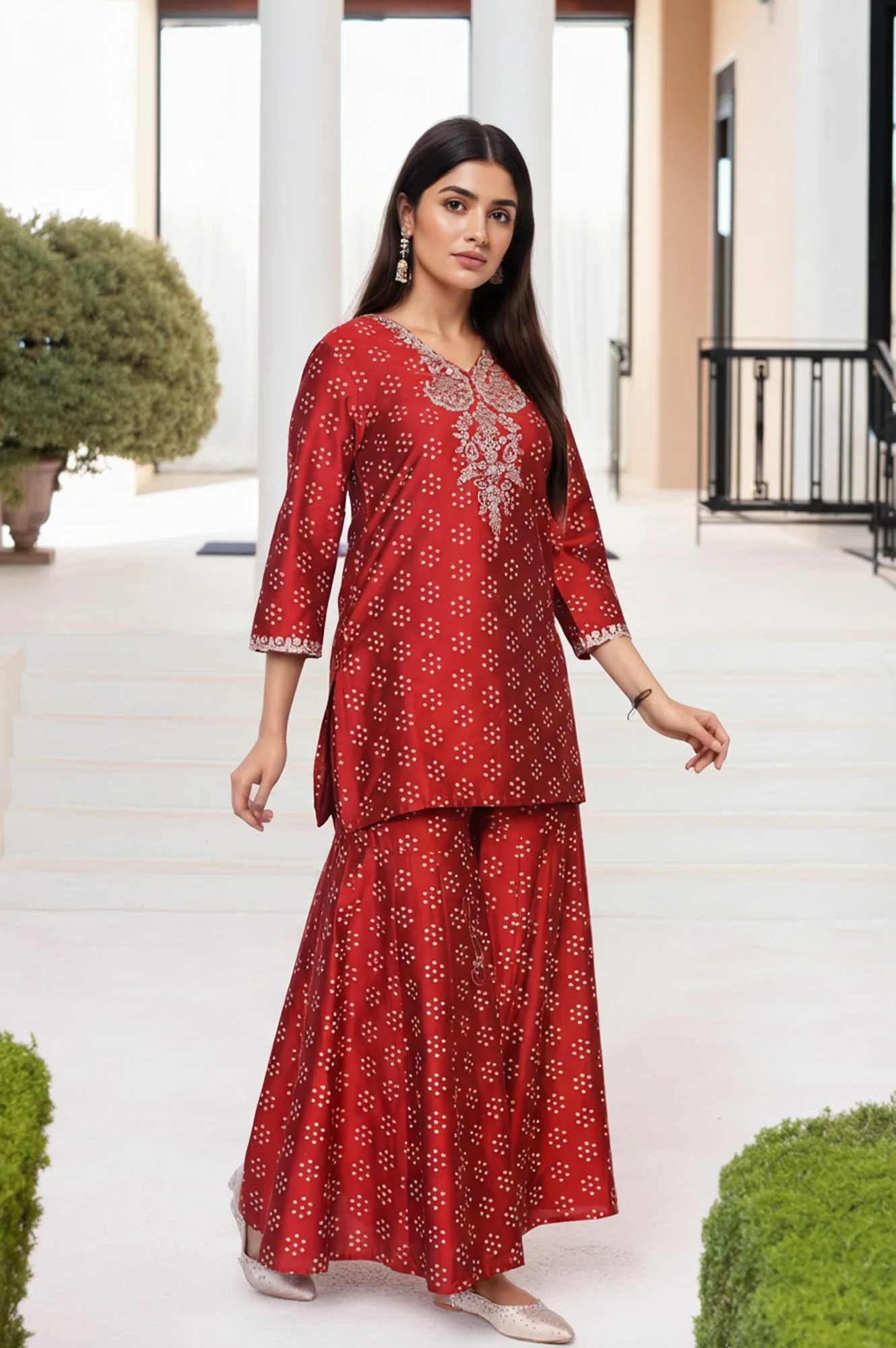 Red Embroidered Straight Art Silk Kurta with Sharara and Dupatta Set - Image 4